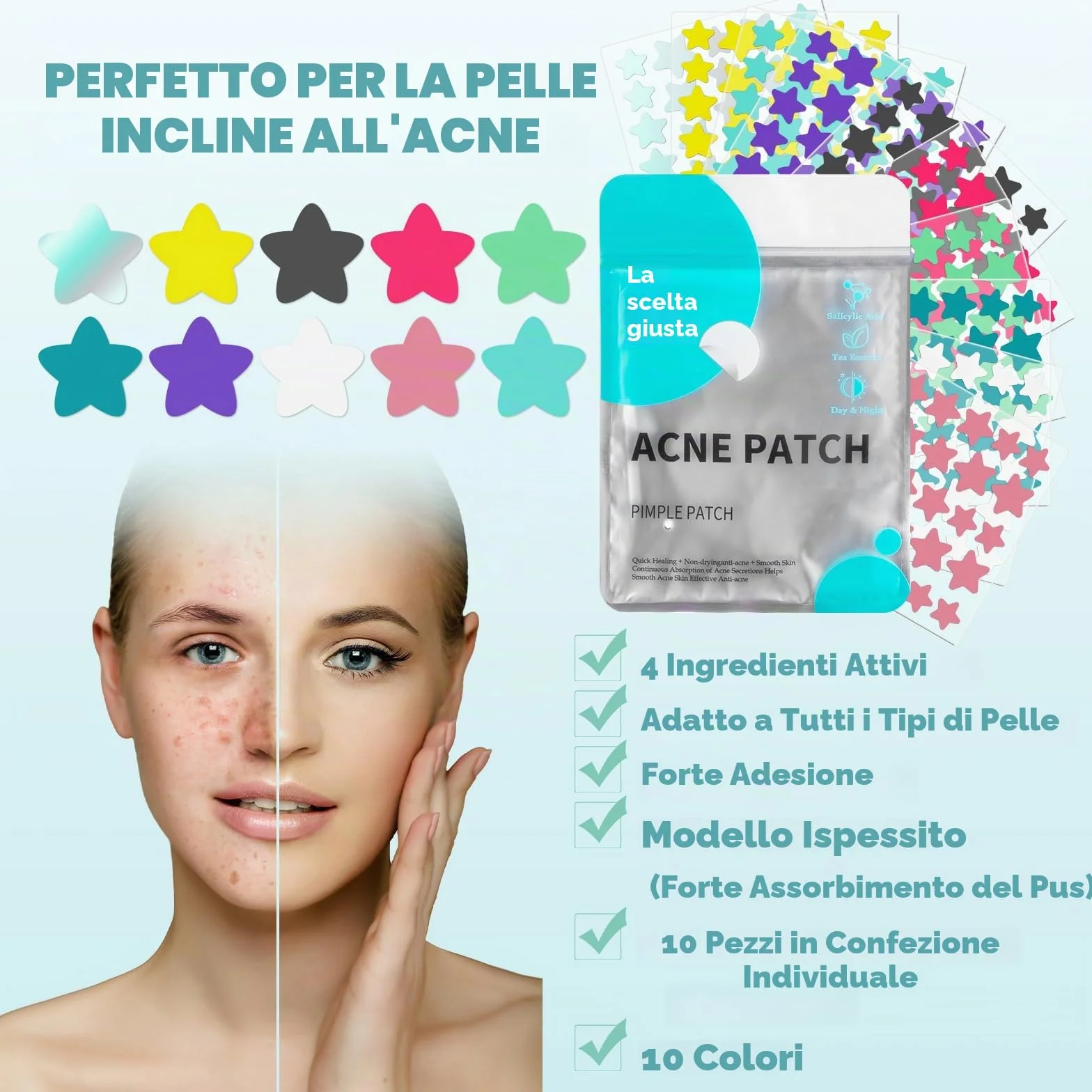 400 Pezzi pimple patch star, patch brufoli stelline Invisibile Naturale Hydrocolloid, cerotti per brufoli con olio dell'albero tè Acido Salicilico, acne patch Assorbenti Impermeabile e Traspirante