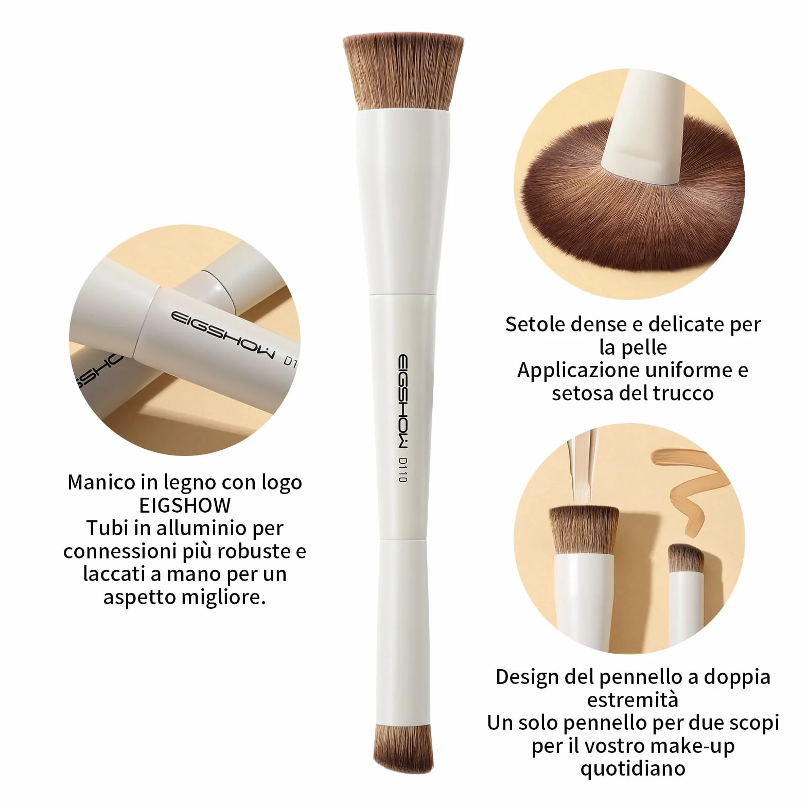 EIGSHOW Set di Pennelli per Trucco, Set Pennelli Make Up da 3 Pezzi, Set Pennelli Trucco con Due Estremità, Viso in Fibra Sintetica Morbida, Adatti per Polveri Liquide e Cremose, Beige