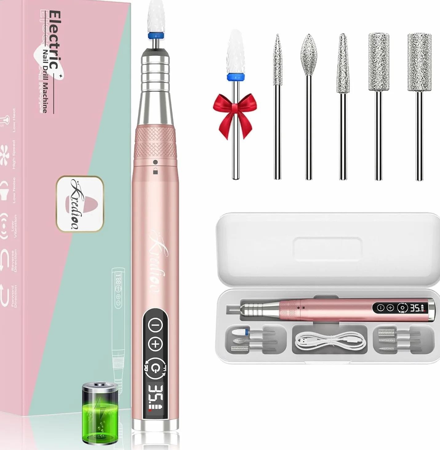 Kredioo Fresa per Unghie Professionale 35000RPM, Cordless e Ricaricabile | LED, Portatile Trapano Elettrico, Lima Elettrica per Manicure e Pedicure, Kit 6 Punte Fresa Unghie, Rosa