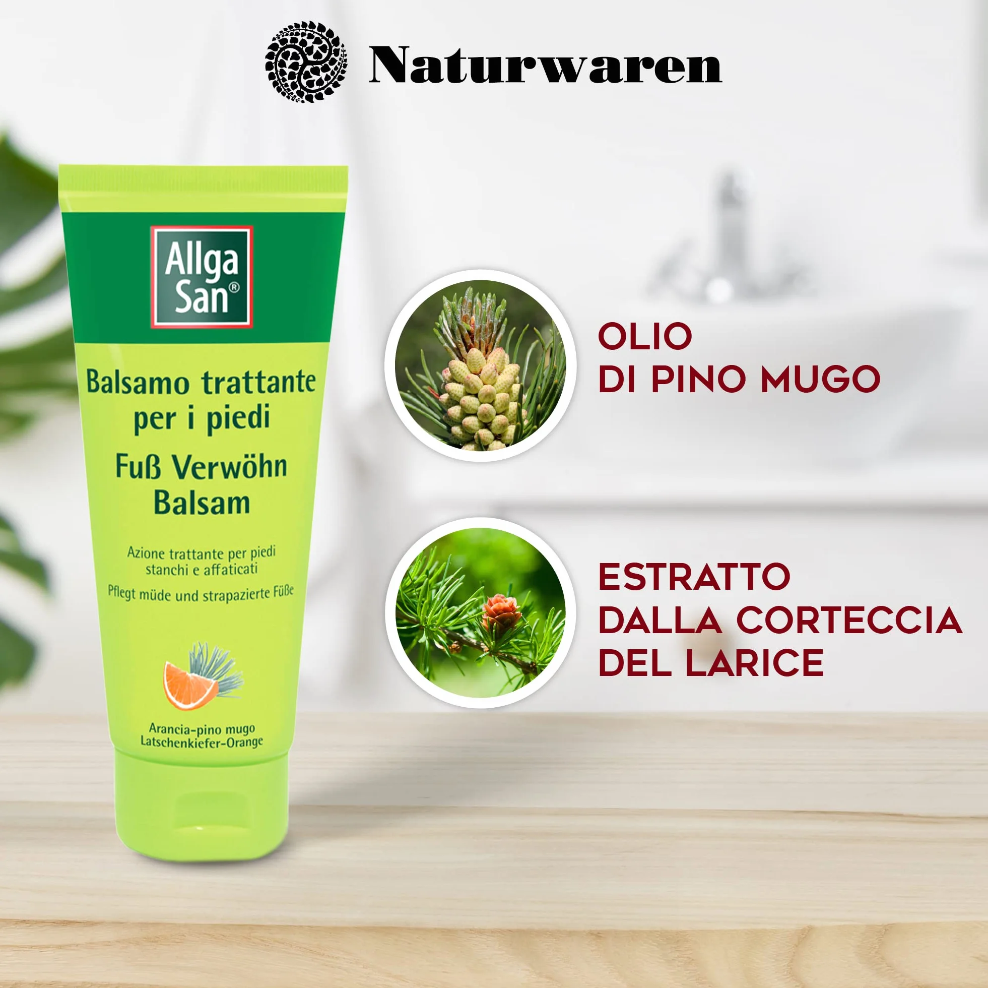 Allga San Balsamo Trattante per Piedi - Crema Piedi Secchi Screpolati 100 ml, Trattamento Cosmetico, Idratante e Nutriente per Sollievo a Piedi Stanchi e Appesantiti, con Pino Mugo e Arancia