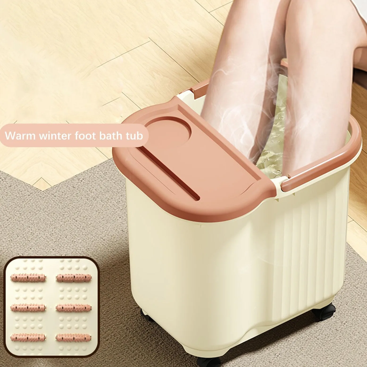 Pediluvio, Bacinella per Pedicure, Bacinella per Massaggio Ai Piedi, Realizzata in Polipropilene, Comoda E Antiscivolo Maniglia, Ideale Come Regalo O, Beige, L with Wheels