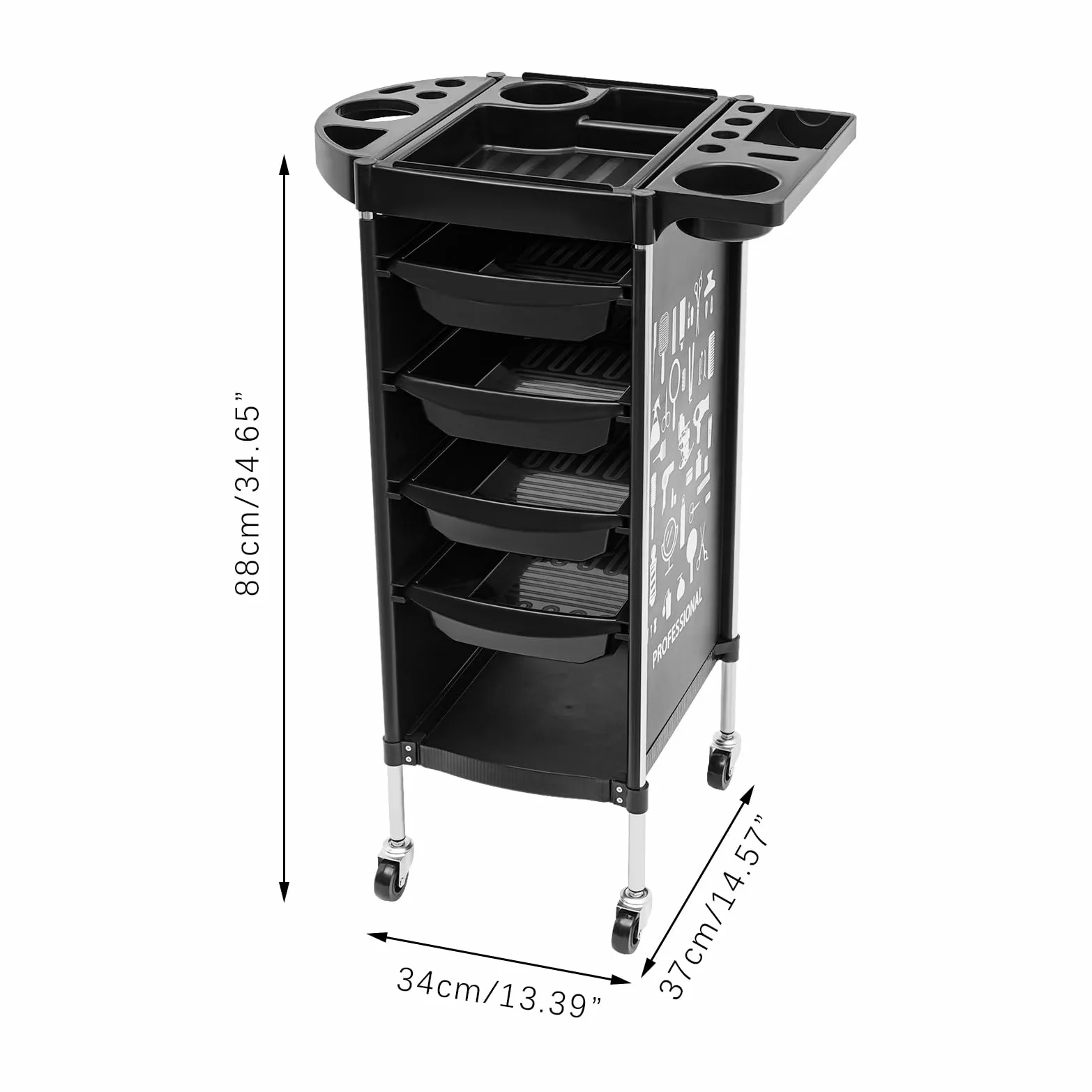 Carrello da Parrucchiere a 6 Ripiani con Ripiani estensibili Professionale con 4 cassetti e Ruote silenziose per Centri estetici e Centri estetici (34 x 37 x 88 cm)