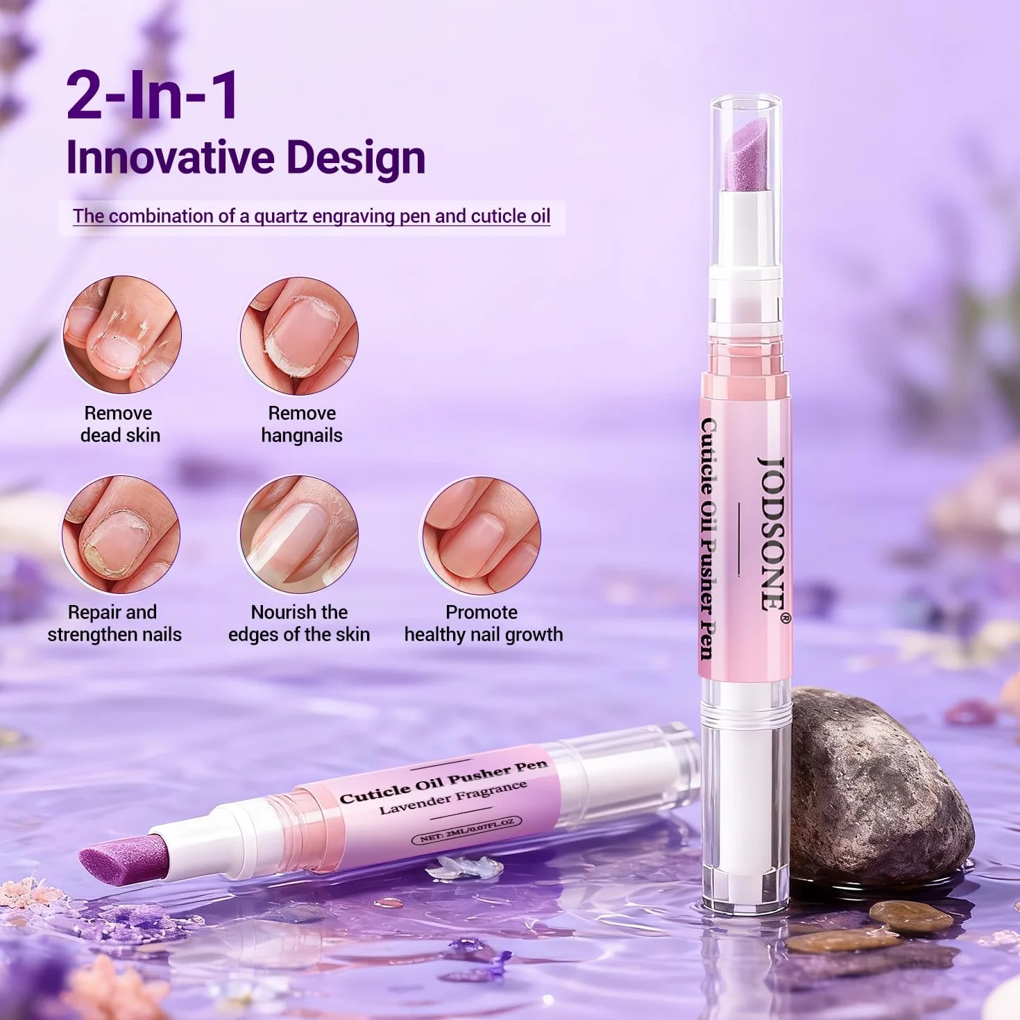 JODSONE Penna per Cuticole con Olio 2 ml, 2-in-1, Punta Inclinata 45°, Idrata, Rinforza, Lucentezza, Lavanda