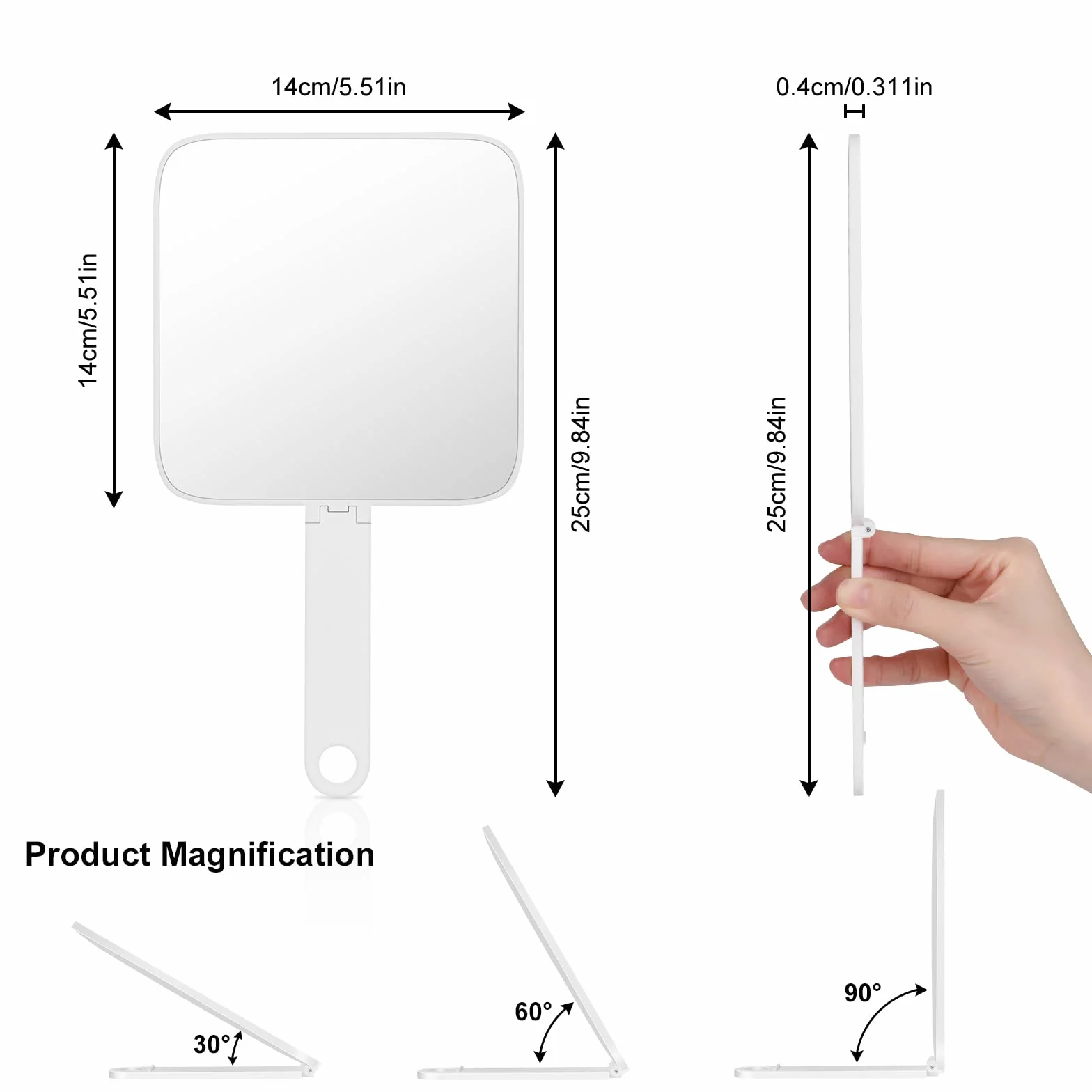 Specchio a Mano Grande OSDUE, Specchio Trucco Portatile con Manico Antiscivolo Alta Definizione per Parrucchiere, Barbiere, Salone - Bianco