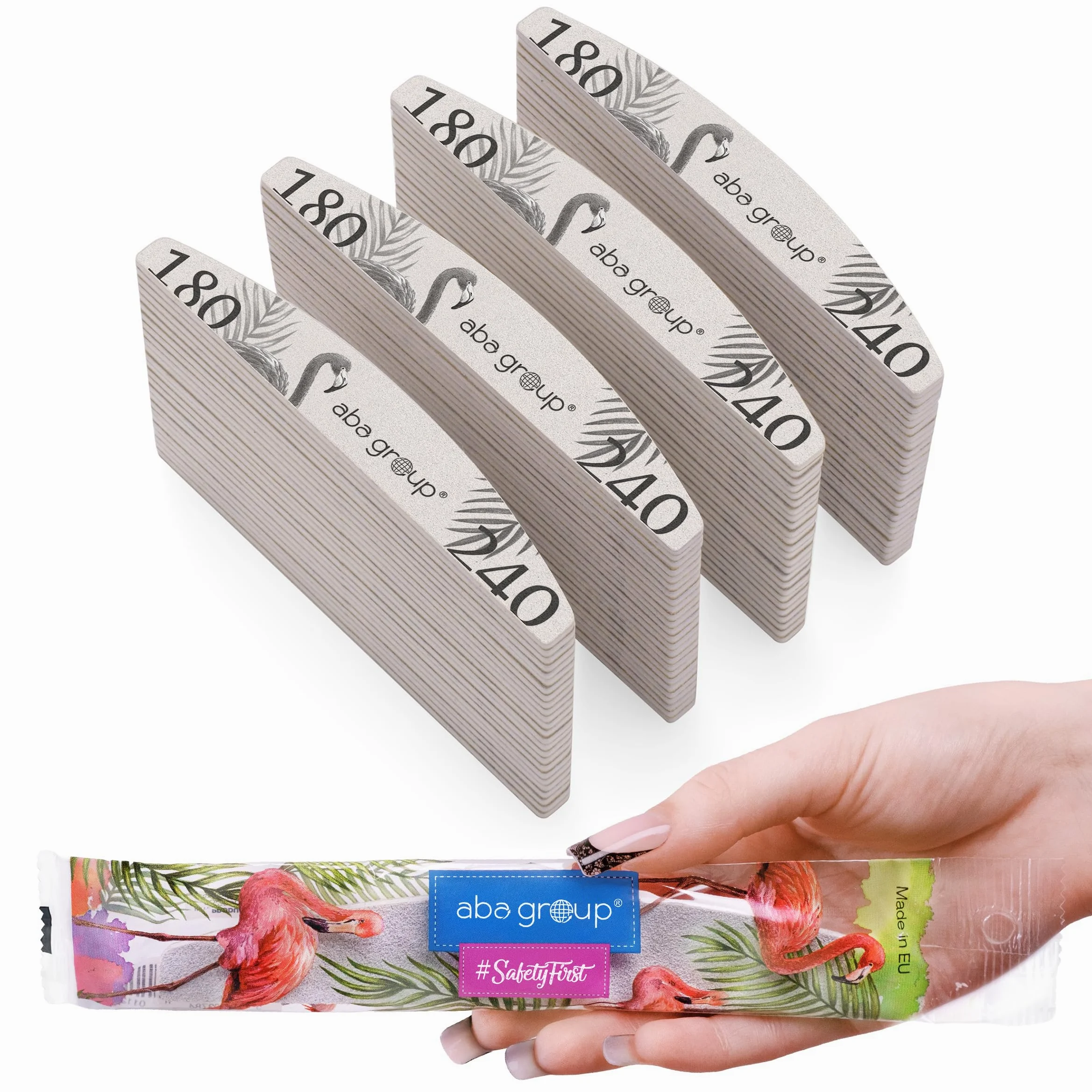 ABA GROUP Lima per unghie 180/240, 100 pezzi, mezzaluna, 4 mm di spessore, confezionate singolarmente, igieniche, strumenti professionali per unghie in gel e naturali, lime per unghie in gel, lime per