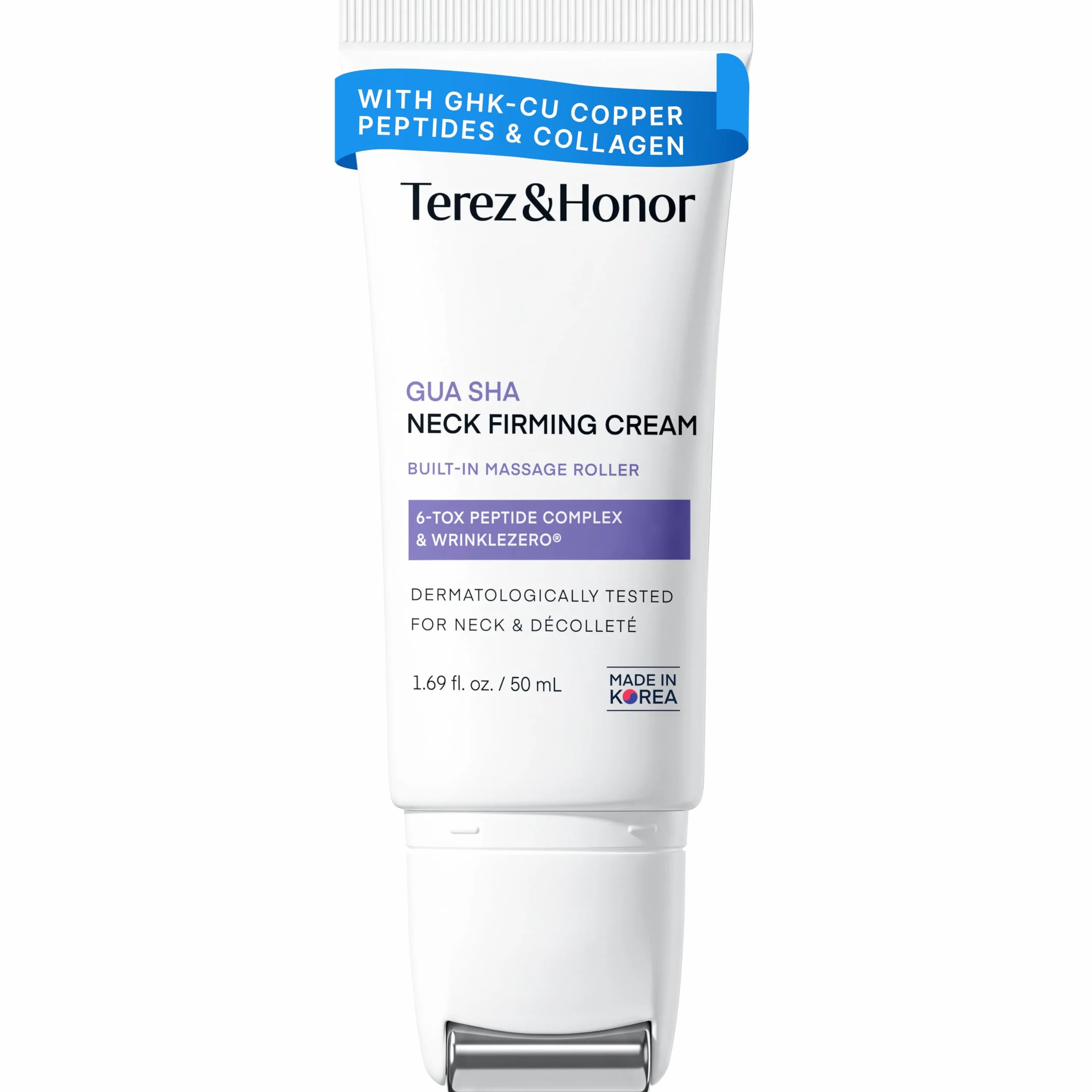 TEREZ & HONOR Gua Sha Neck Firming Cream: Korean Skin Care, Retinol, Collagen & GHK-CU Copper Peptide - Tightening & Lifting for Neck, Face & Décolleté with Built-In Massage Roller 50mL