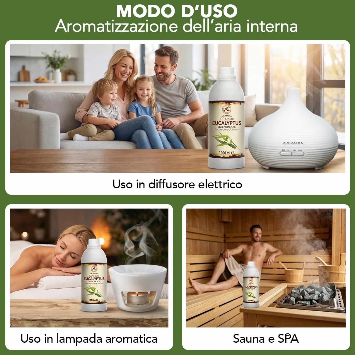 Olio Essenziale di Eucalipto 1000 ml - Eucalyptus Globulus - Naturale e Puro - Olio essenziali per Diffusori - Profumi per la Casa - Saponi e Candele - Sauna - Aroma Eucalipto - Aromaterapia