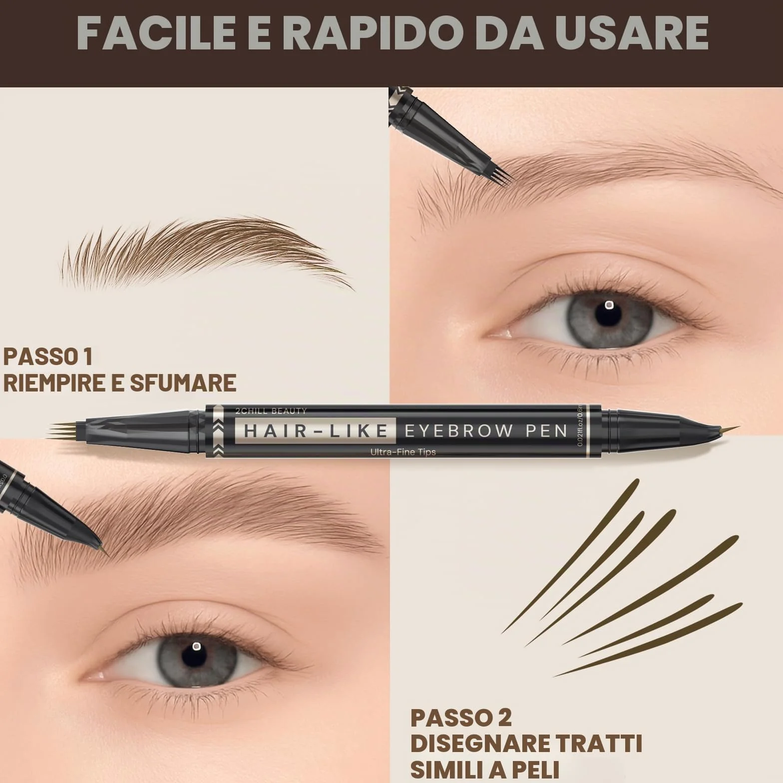 2CHILL Matita per Sopracciglia Curva a 30°, Penna per Sopracciglia Professionale 2 in 1, Penna per Sopracciglia Waterproof a 4 Punte, Microblading Intenso per Donne, Trucco a Lunga Tenuta (Marrone