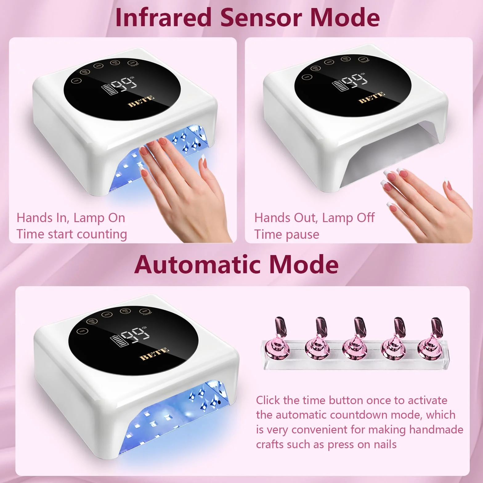 BETE Lampada per unghie a LED senza fili, UV ricaricabile da 78 W, con sensore a infrarossi e display LCD, asciuga unghie portatile con 5 impostazioni di timeout (Bianco)
