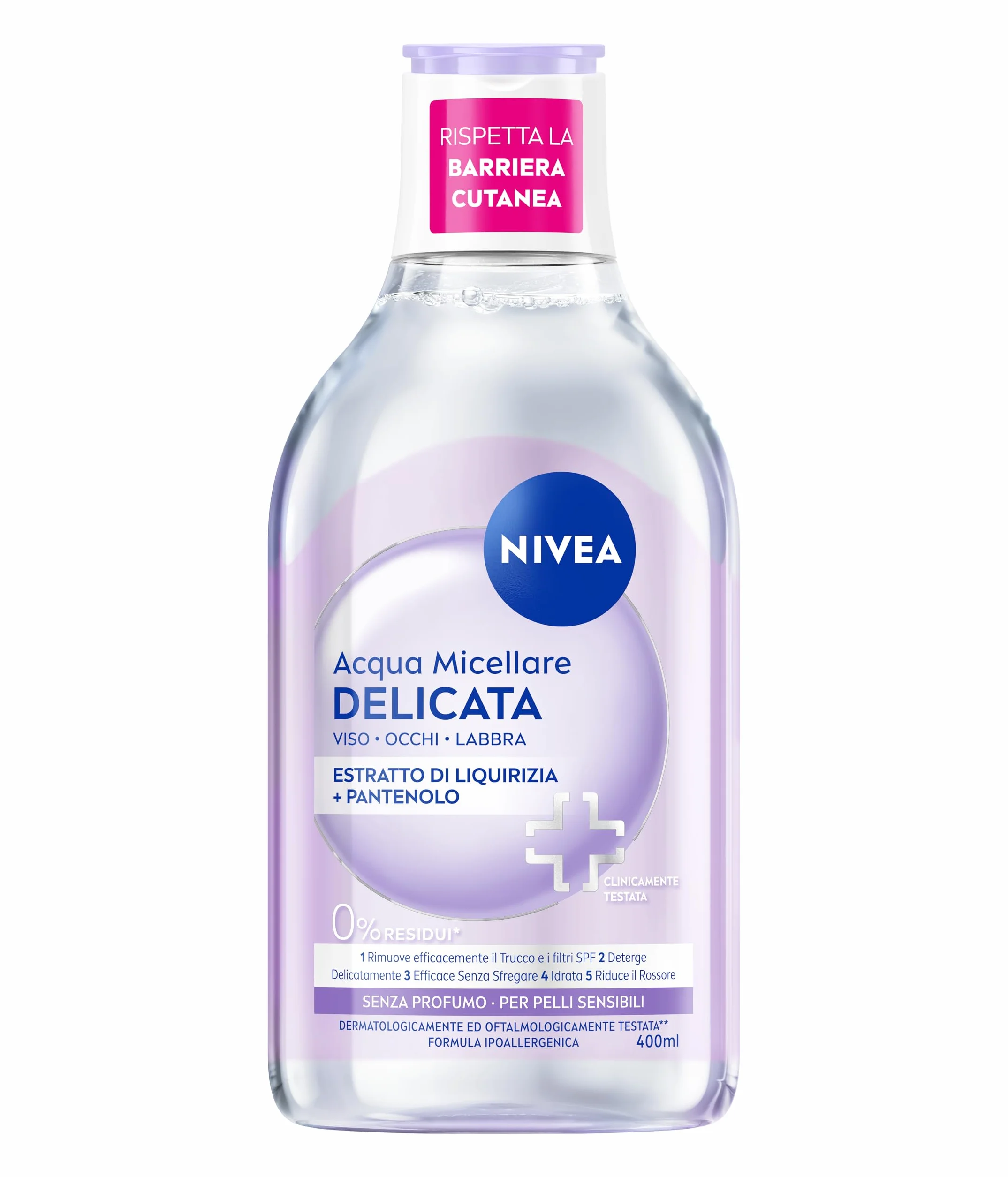 NIVEA Acqua Micellare Delicata 400 ml, Struccante viso occhi labbra, Detergente pelle sensibile