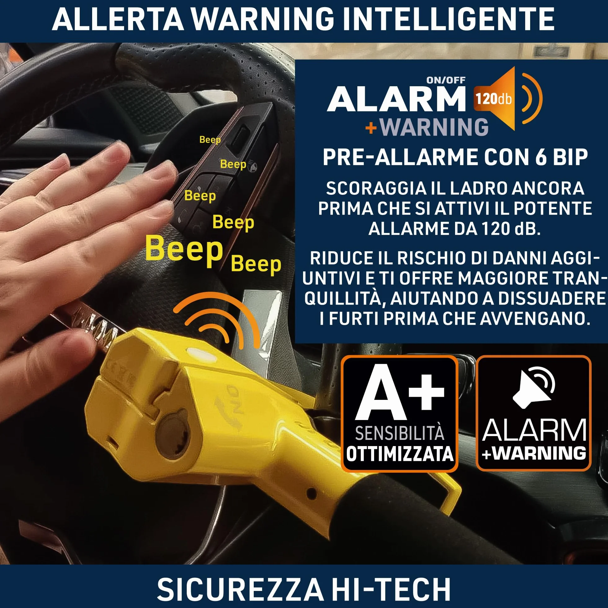 URBAN UR978Y Antifurto Auto Doppia Sicurezza Blocca Sterzo 120dB LED Bloccaggio Automatico Blocco Volante Meccanico Universale