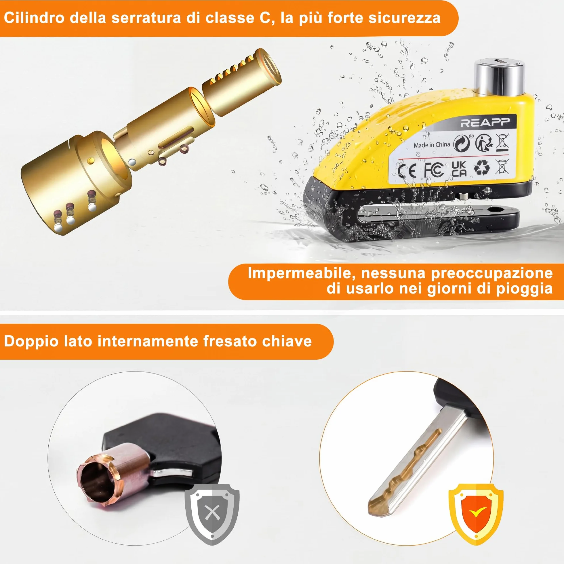 REAPP Lucchetto Moto Antifurto con Allarme Sonoro 110DB, Blocca Disco per Bici Motorino Moped Motocross, 2 Chiavi
