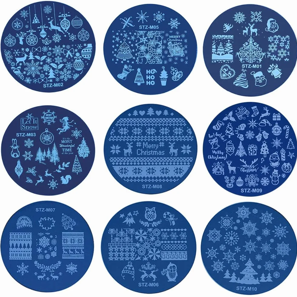 EBANKU 10 Pezzi Set di Nail Art Stamping Stampini, Nail Art Template Stencil Kit Fiocco di Neve Piatti per Timbri per Unghie per Donna Ragazze Decorazione Unghie Natalizie (A)