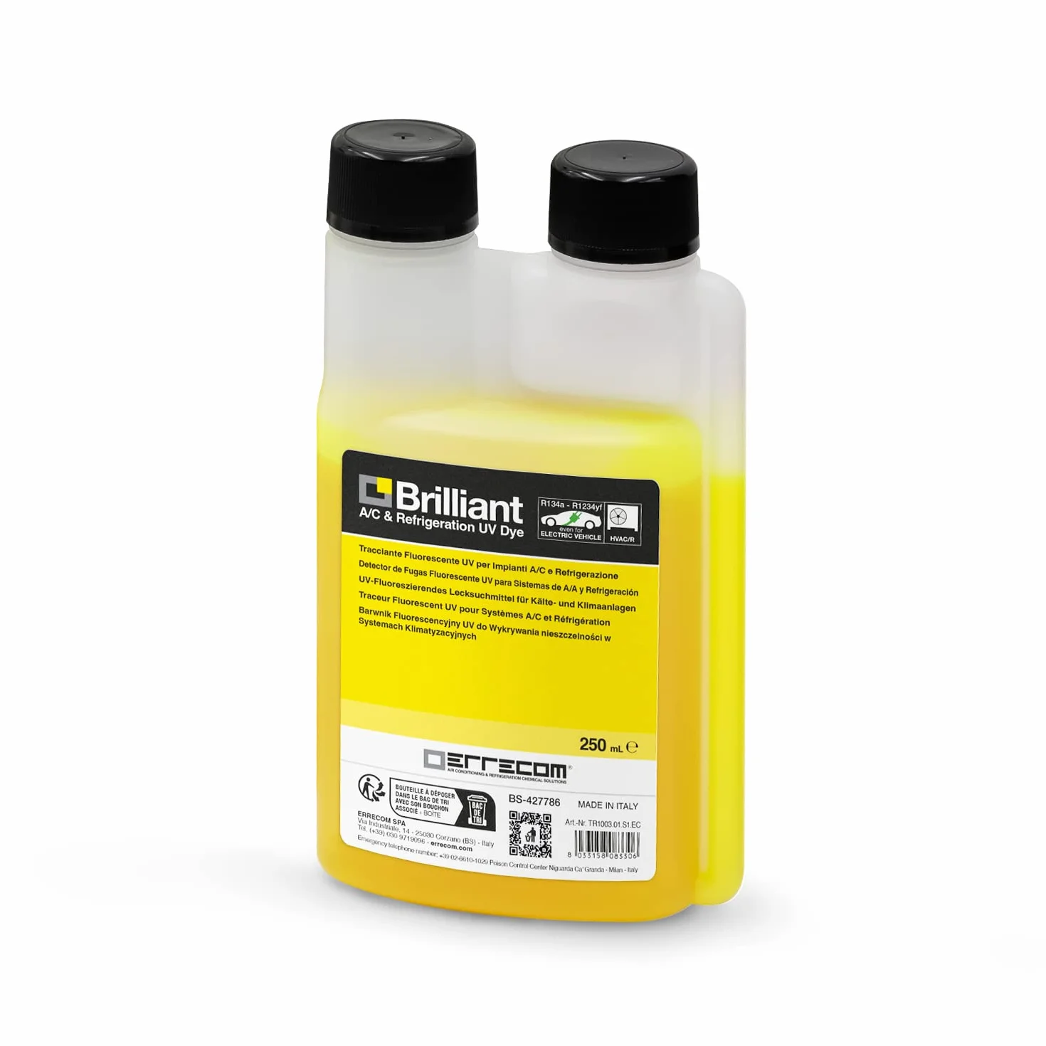ERRECOM Brilliant - 250 ml, Tracciante Fluorescente UV per individuare Perdite di Gas Refrigerante negli Impianti di Climatizzazione e Refrigerazione, flacone con dosatore da 250 mL