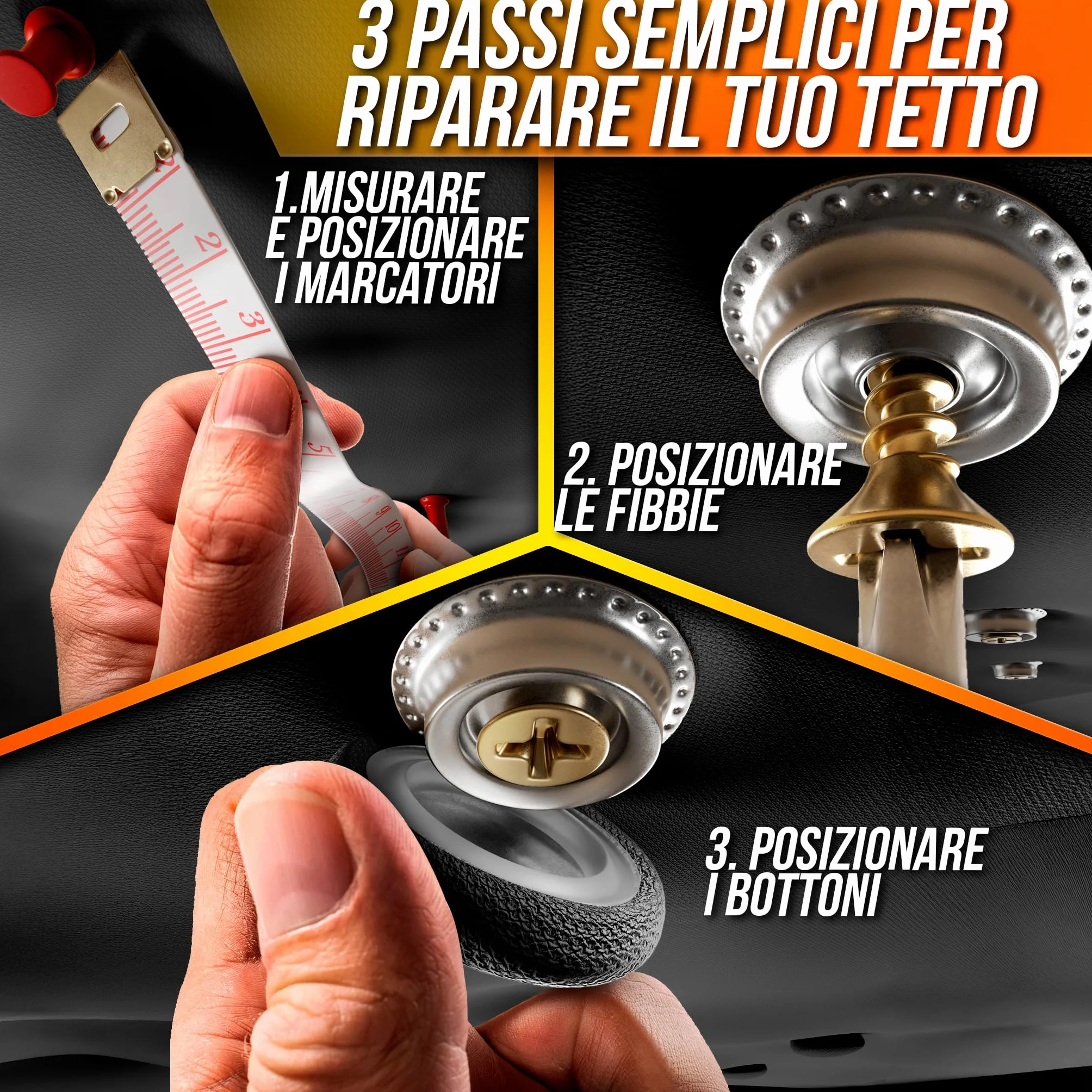 Kit Riparazione Cielo Auto Nero - Puntine Fissaggio Rivetti Tetto Auto Scollato Interno - Rimedi Fai da Te Bottoni per Tessuto Cielo Auto Tetto Rivestimento Universale