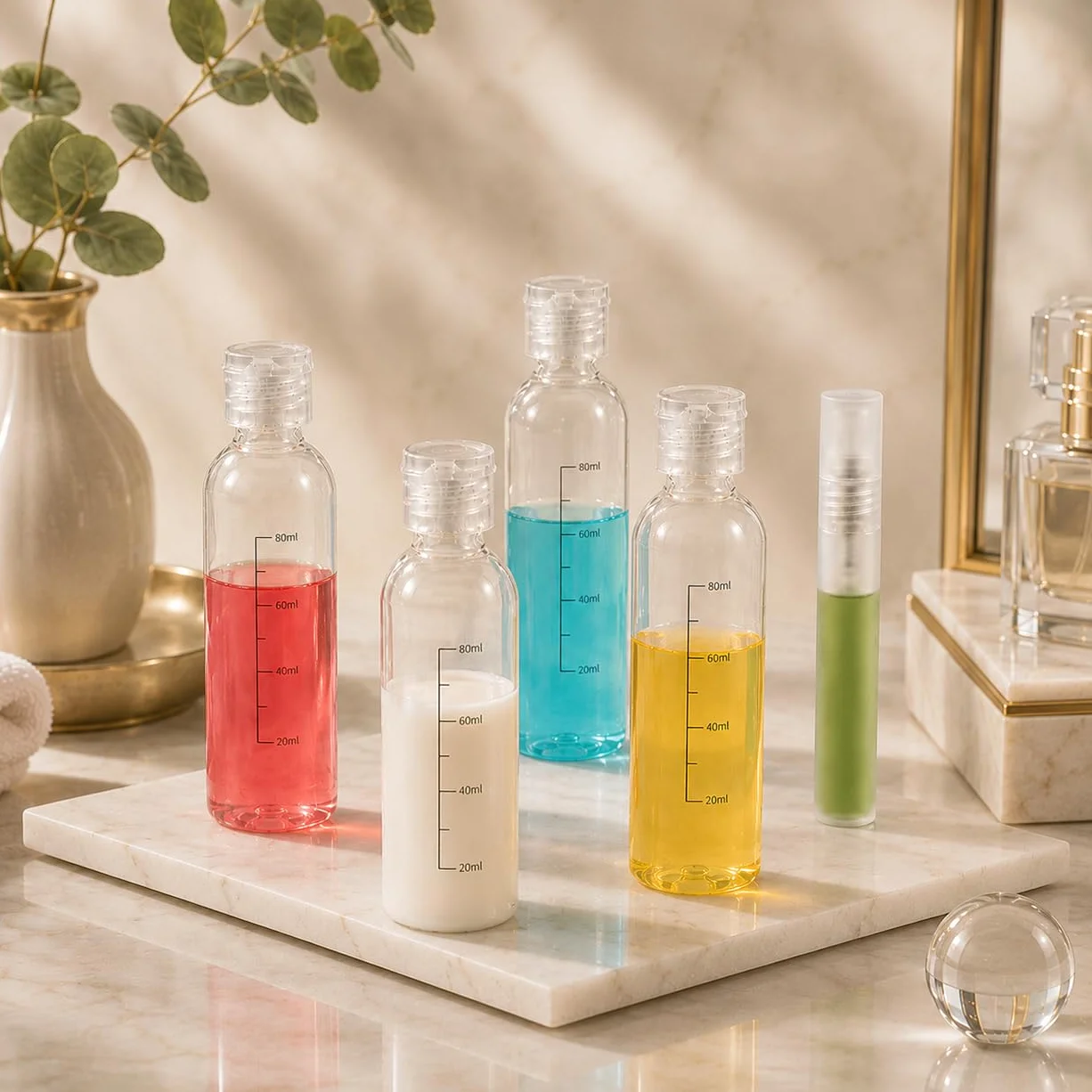 Set Borsa da Toilette Trasparente e Bottigliette da Viaggio per Aereo,4 PCS flaconi da viaggio aereo 100ml & flacone spray vuoto da viaggio, Contenitori Liquidi bottiglie per Shampoo Lozione Cosmetici