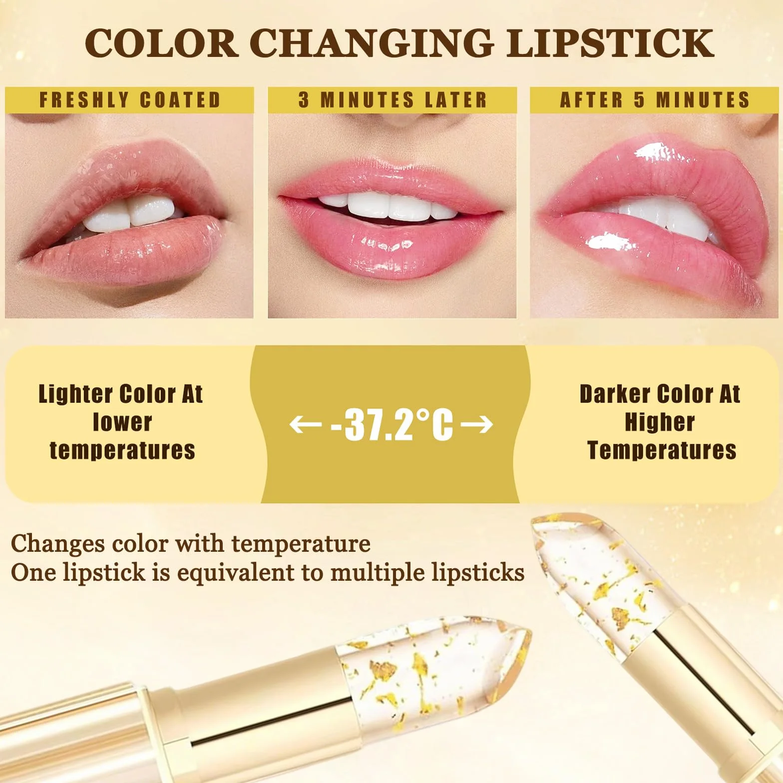 2 Pcs Reveline Rossetto Adattivo, Rossetto PH Reagente, Foglia Gold Lipstick Color-Changing, Cura delle labbra, Burrocacao Idratante, Tenuta 24 ore, PH Temperature Lip Balm