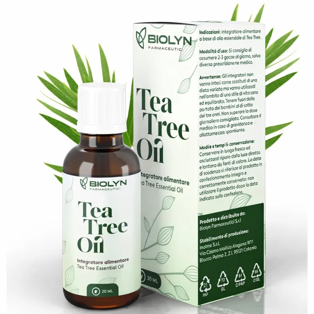 BIOLYN Tea Tree Oil 20ml – Olio Essenziale Puro di Melaleuca – Naturale al 100% – Ideale per Pelle, Capelli e Aromaterapia – Made in Italy – Qualità Farmaceutica