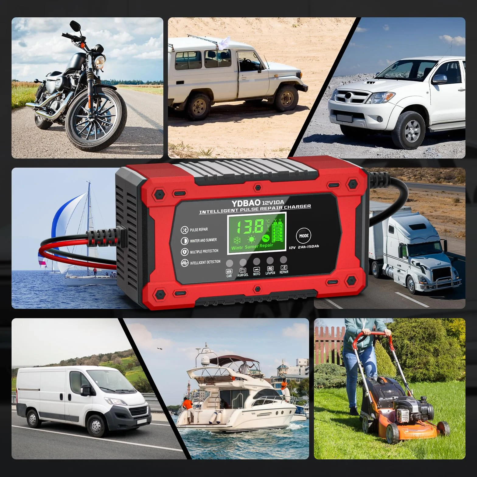 Caricabatterie Auto 10A 12V Multi Protezioni Intelligente Mantenitore con Schermo LCD per Moto Barche AGM LiFePO4