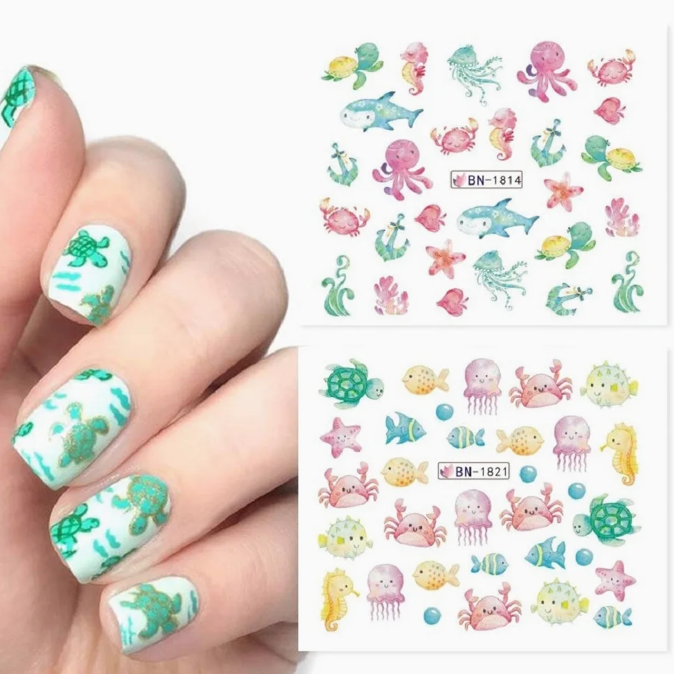 12pcs Ocean Animal Summer Nail Water Decalcomanie Starfish Coral Reef Seaweed Sticker Sea Life Nails Art Transfer Slider