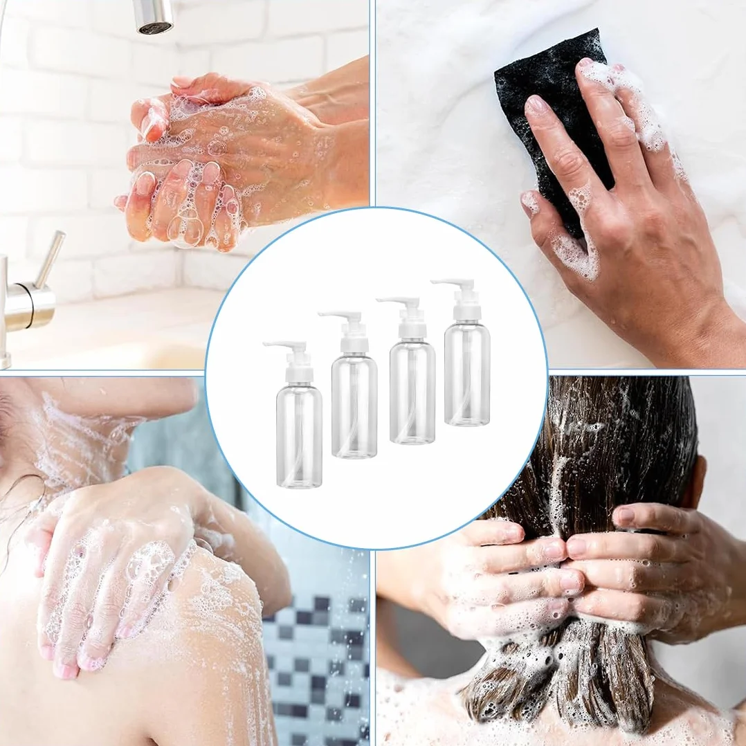 4 Pezzi Flaconi da Viaggio, 50 ml Bottiglie da Viaggio Trasparenti, Pompa da Viaggio in Plastica Dispenser, Boccette Contenitori Ricaricabile, per Cosmetici, Lozione, Bagno, Shampoo Liquidi