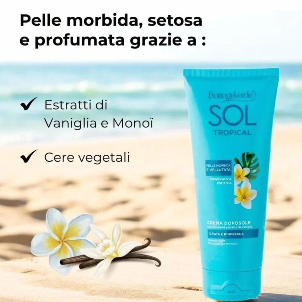 Bottega Verde - SOL Tropical, Crema Doposole Corpo, 200 ml, Idrata, Rinfresca e Prolunga l’Abbronzatura, con Monoï ed Estratto di Vaniglia, Nutriente, Pelle Morbida e Profumata