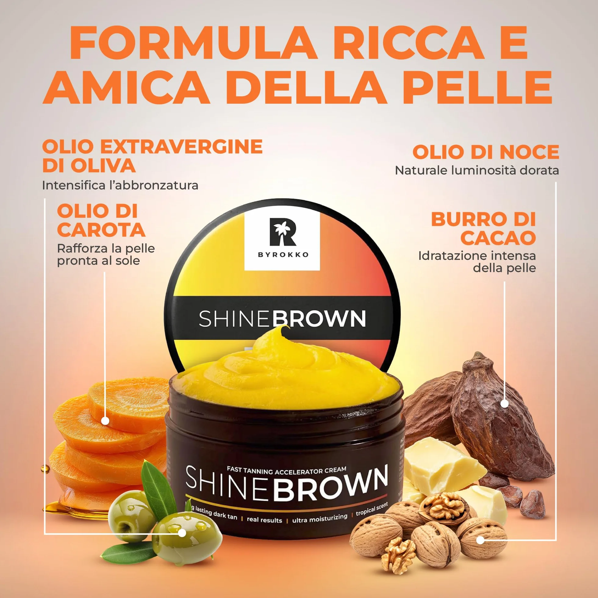 BYROKKO Crema Abbronzante 210 ml Acceleratore Abbronzatura Naturale Corpo Olio Sole Lettini Solari