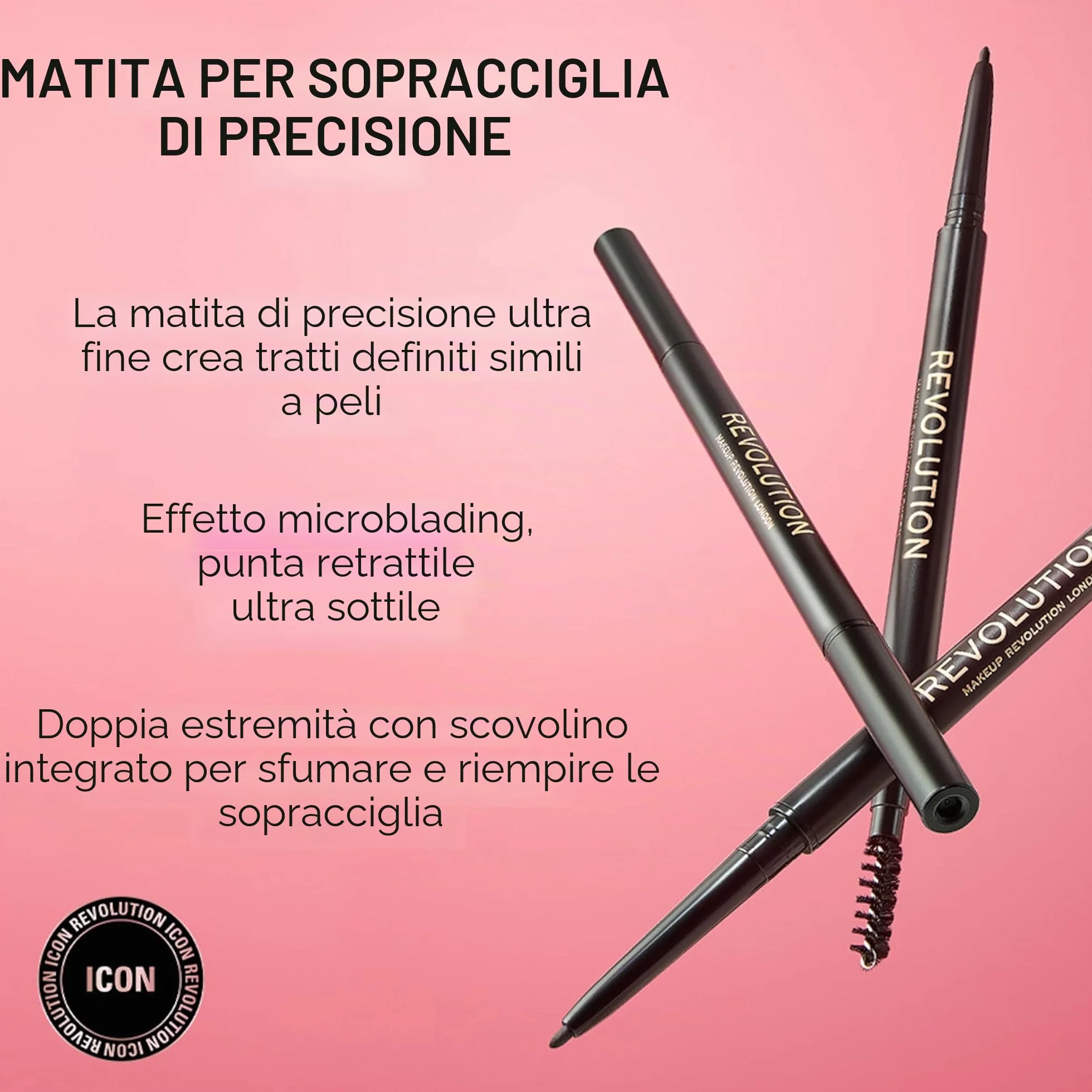 Makeup Revolution, Precise Brow Pencil, matita per sopracciglia a doppia estremità e pennello a rocchetto, punta fine, marrone medio, 9g