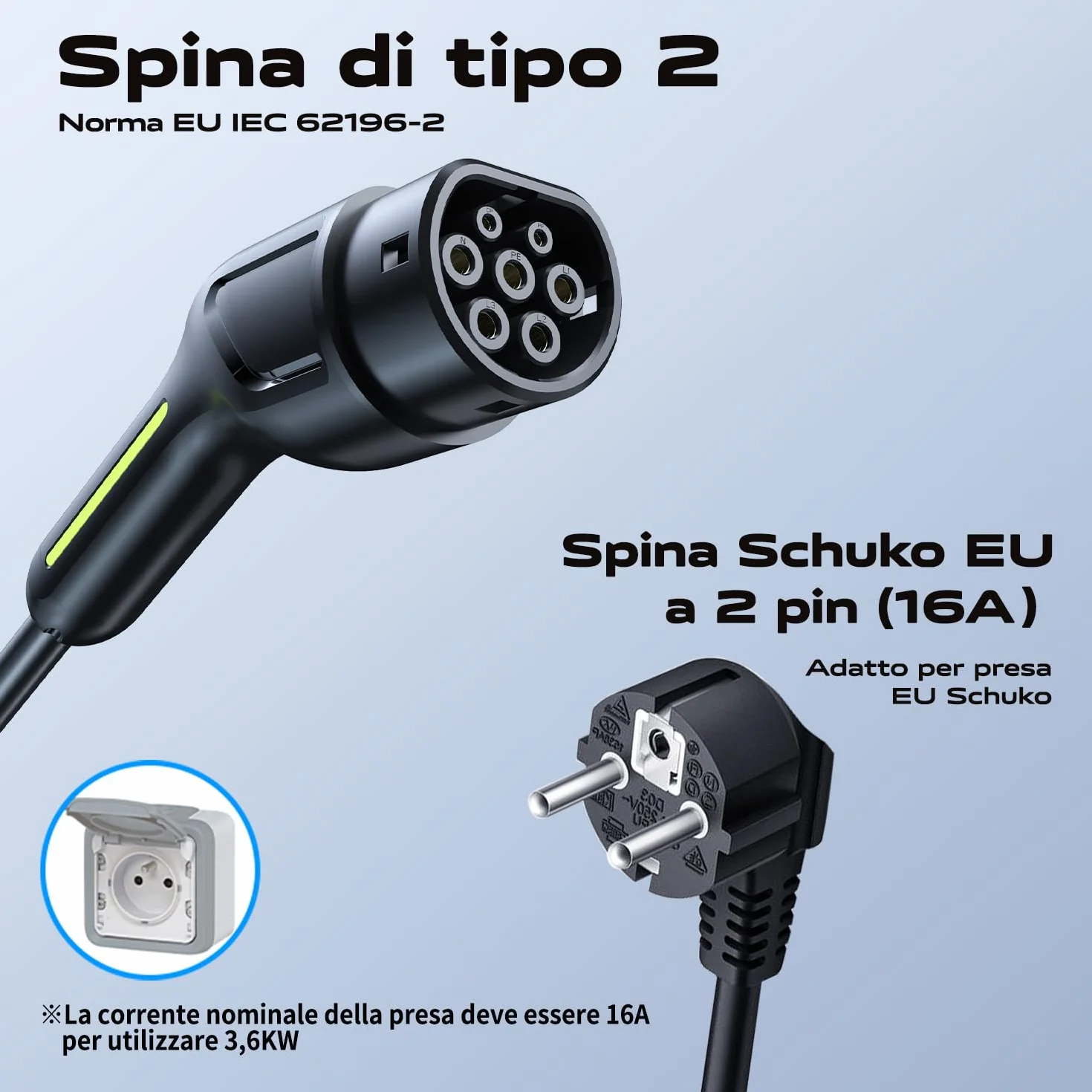 Colonnina Ricarica Auto Elettrica 3.6KW 5M Cavo Tipo 2 Spina Schuko 6-16A Wall EV Box VDLPOWEREU Monofase IP65