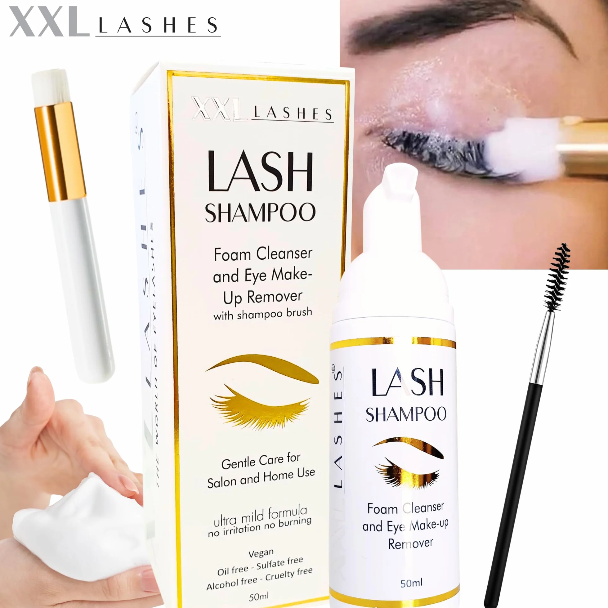 XXL Lashes Shampoo per extension ciglia, detergente schiumogeno, struccante, 50 ml con spazzolino per shampoo per ciglia e sopracciglia, cura ciglia con pennello per lavaggio