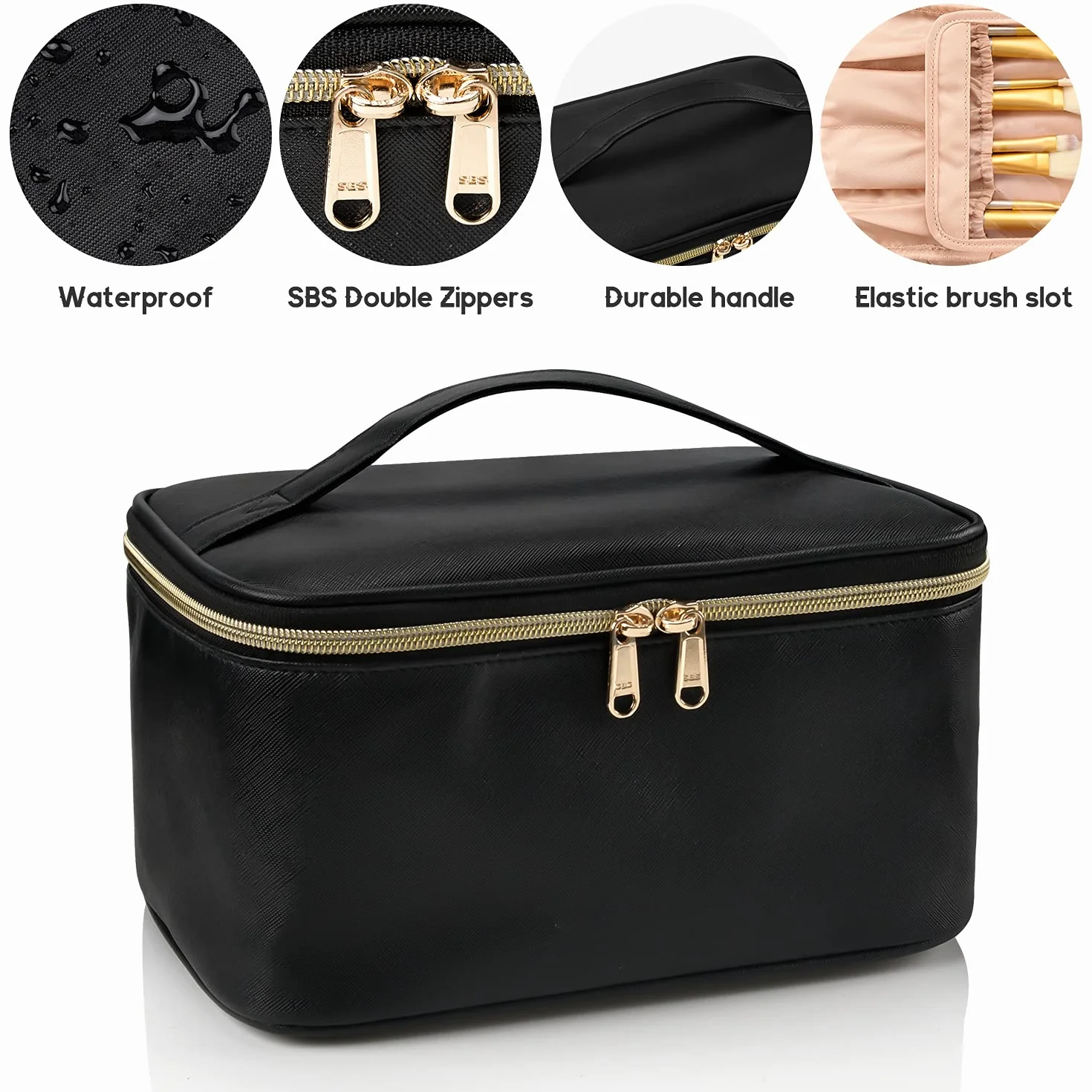 Borsa per il trucco, borsa cosmetica portatile, organizer per il trucco da viaggio, grande capacità, nera per donne, borsa da toeletta per ragazze con manico e divisorio da viaggio, A-Nero, Da viaggio