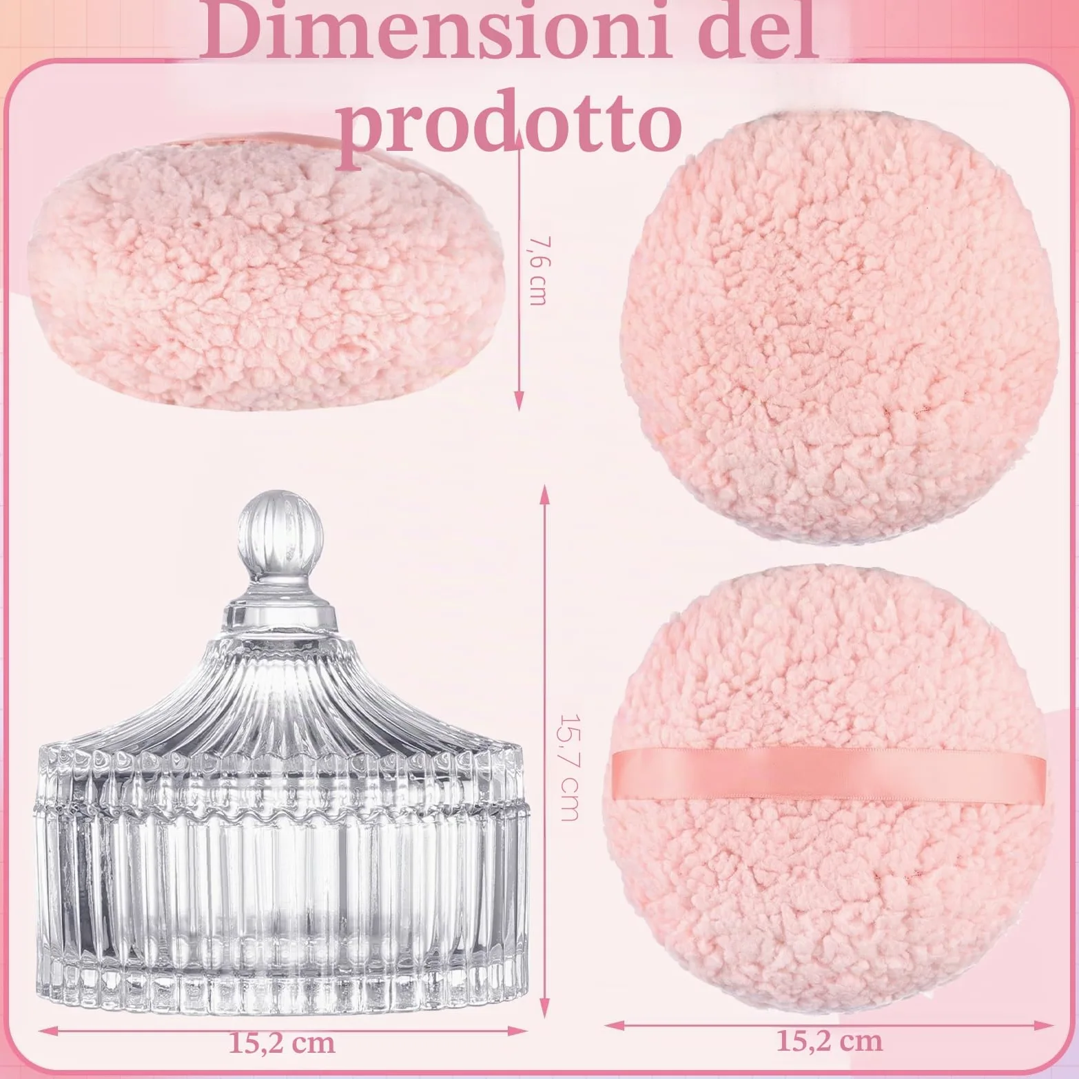 2 spugnette extra large per cipria e contenitore, per spolverare le donne | 6 pollici oversize, morbido velluto lavabile, con custodia in cristallo, trucco bagnato asciutto, rosa