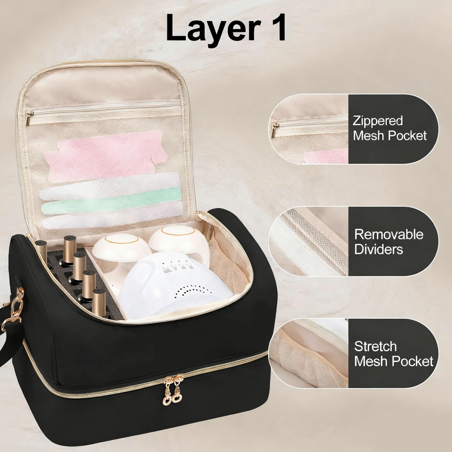 Borsa Organizer per Smalti per Unghie, Custodia Portatile per Manicure Viaggio Professionale con Tracolla Regolabile, Contiene 60 Bottiglie per Onicotecnici e Professionisti del Salone (BLACK)