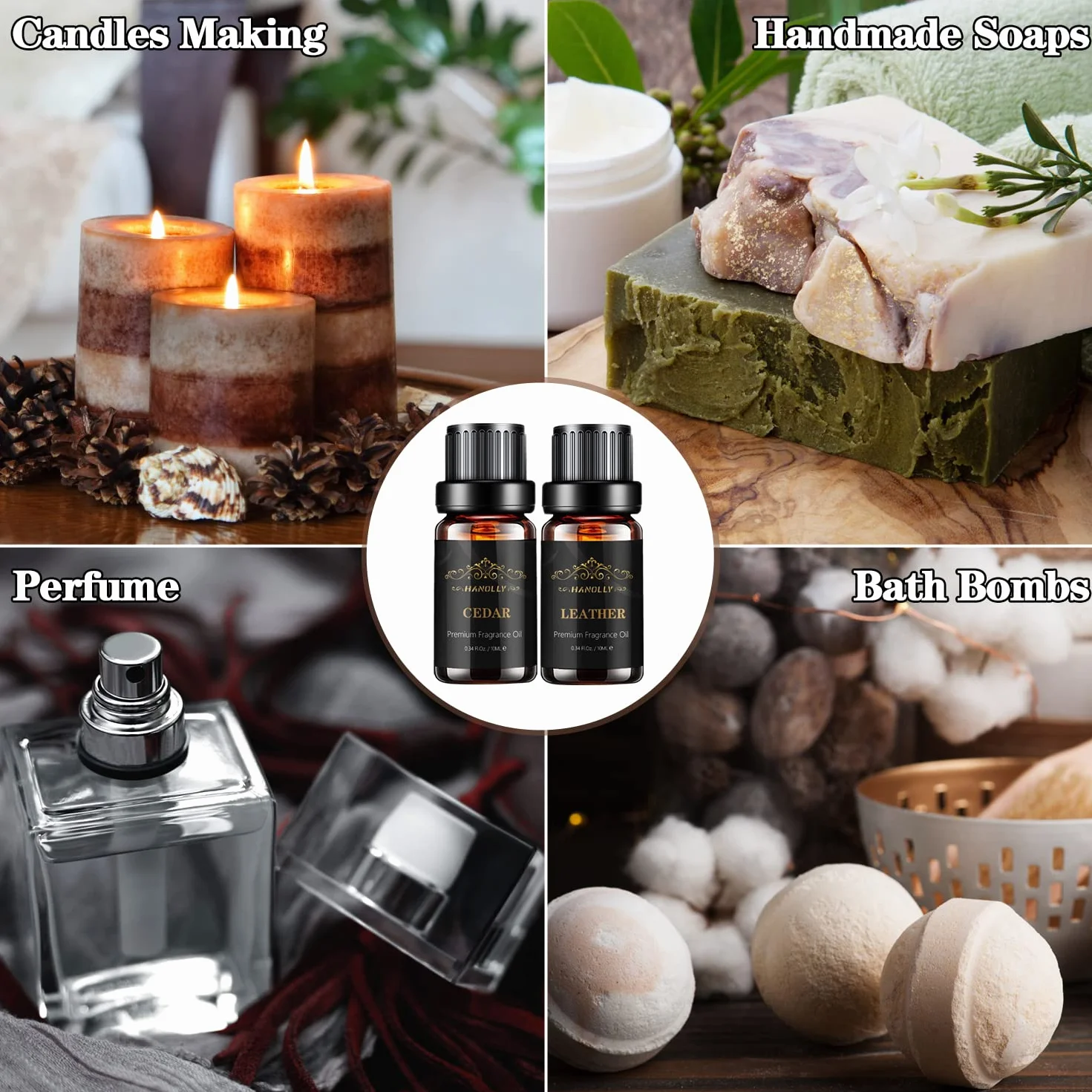 HANOLLY Oli Essenziali per Diffusori 6x10 ml, Olio Essenziale Naturale per Aromaterapia, Legno di Sandalo, Cedro, Tabacco Dolce, Rum, Colonia, Pelle