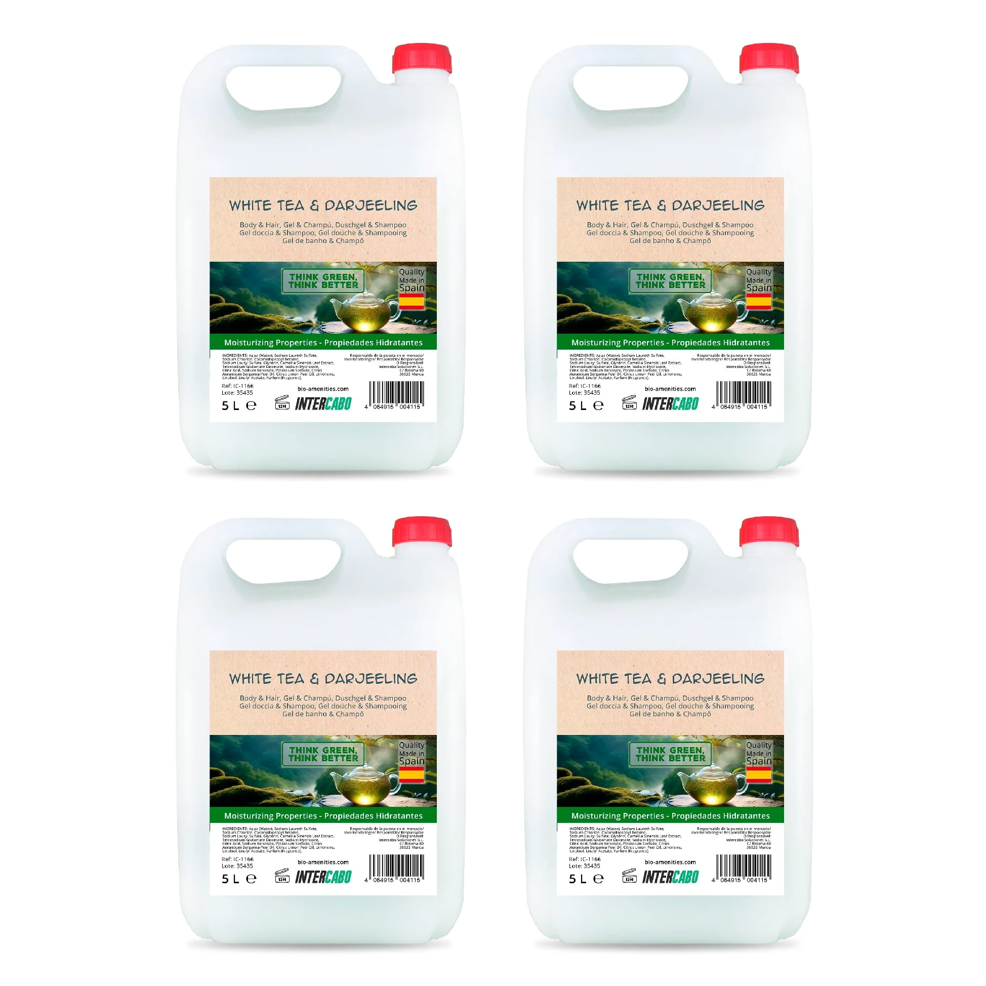 4 taniche da 5 litri gel doccia e shampoo 2 in 1 – detergente corpo e capelli – fragranza tè bianco e Darjeeling – uso professionale per hotel, spa, B&B – 20 L totali