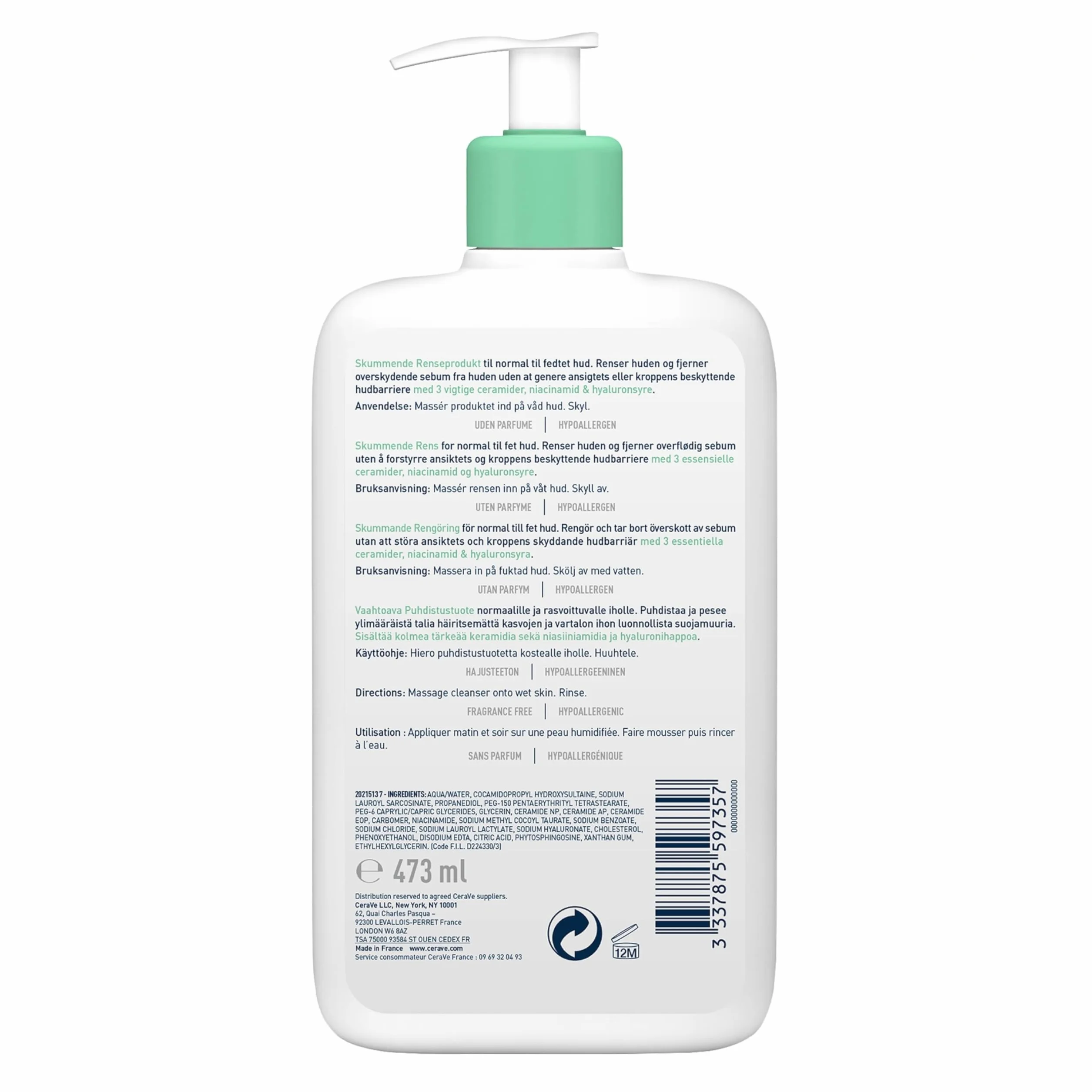 Schiuma Detergente Viso 473ml Ceramidi Niacinamide Acido Ialuronico Ipoallergenica Senza Profumo