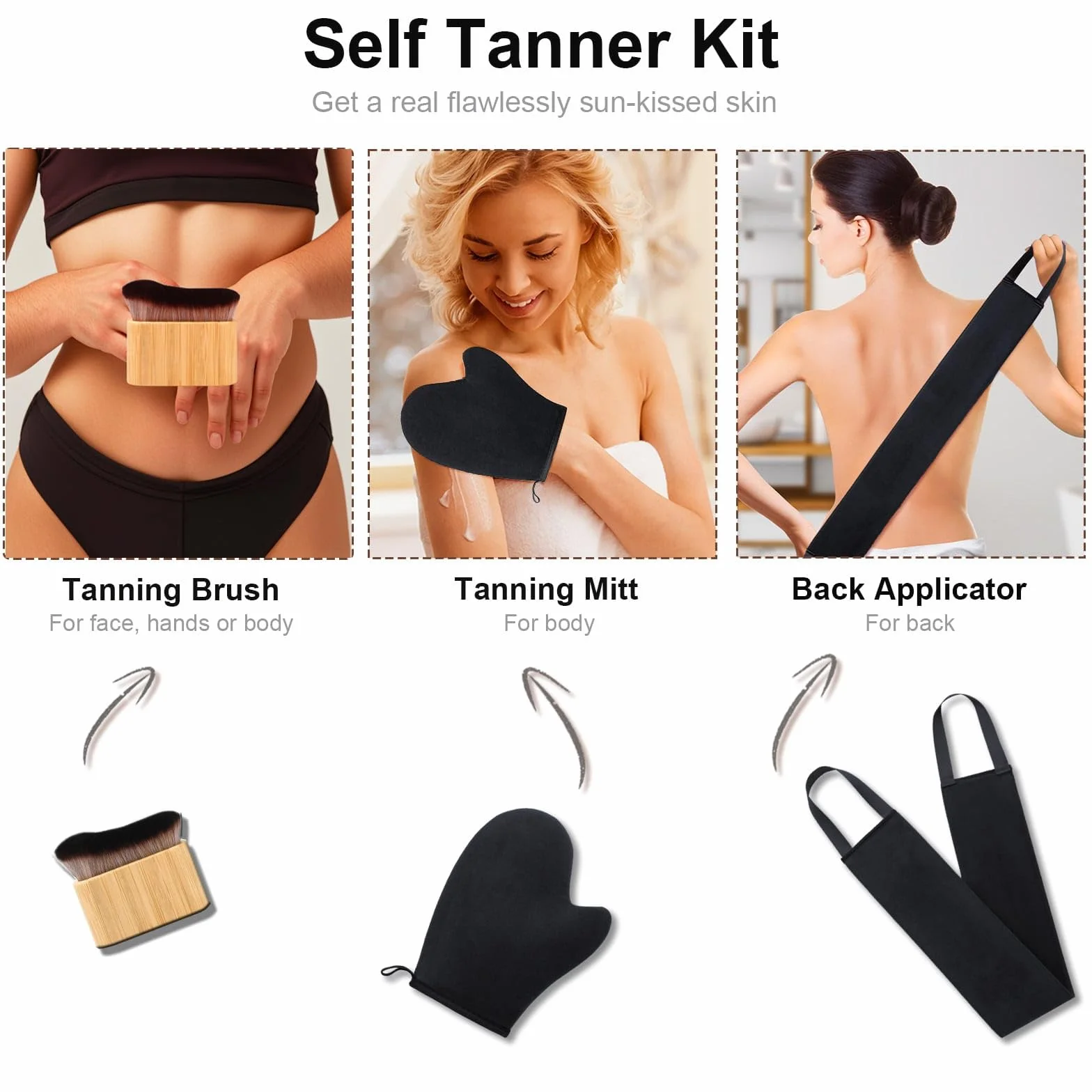 3 in 1 Kit Guanto Autoabbronzante Guanto per Autoabbronzante Self Tanning Mitt Applicatore Abbronzatura Spalma Crema Schiena Pennello Autoabbronzante Guanti Applicatore Crema Schiena