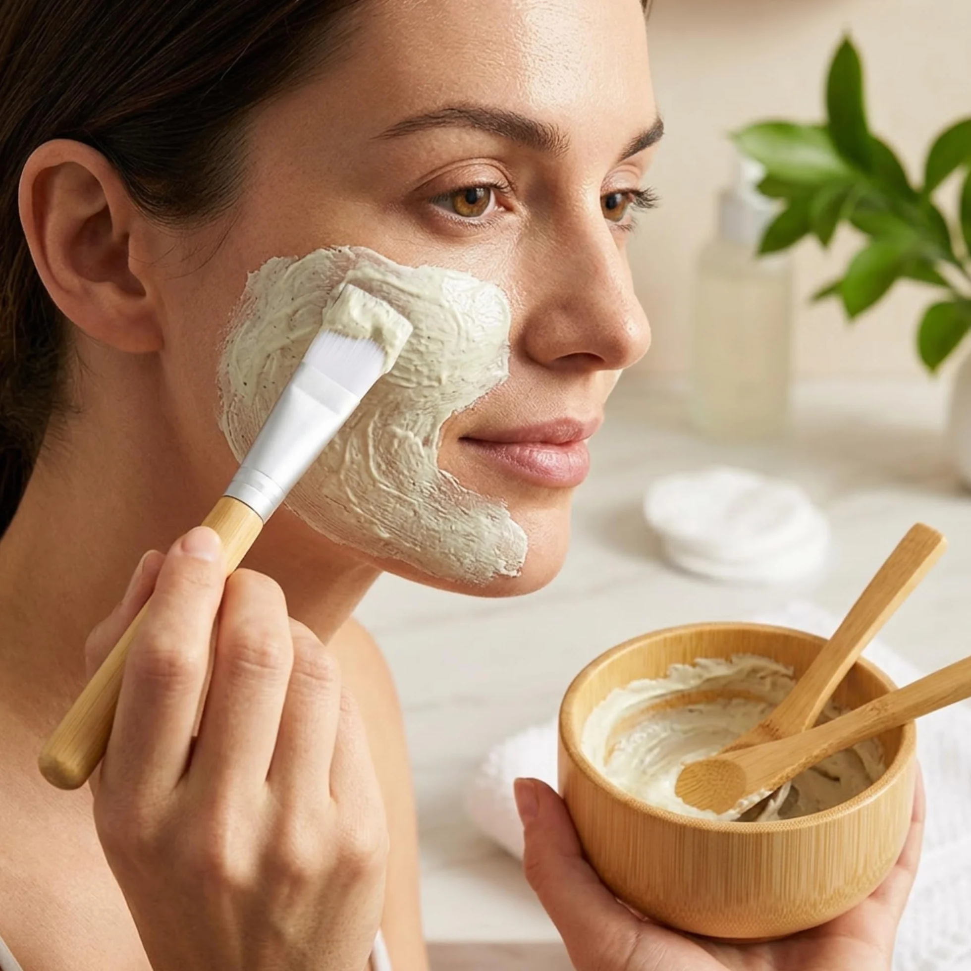 Set 4 Pezzi Maschera Viso Bambù con Ciotola, Pennello, Spatola e Cucchiaio – Kit Applicazione Maschere Facciali Riutilizzabile, Accessori Beauty Skincare Facile Pulizia