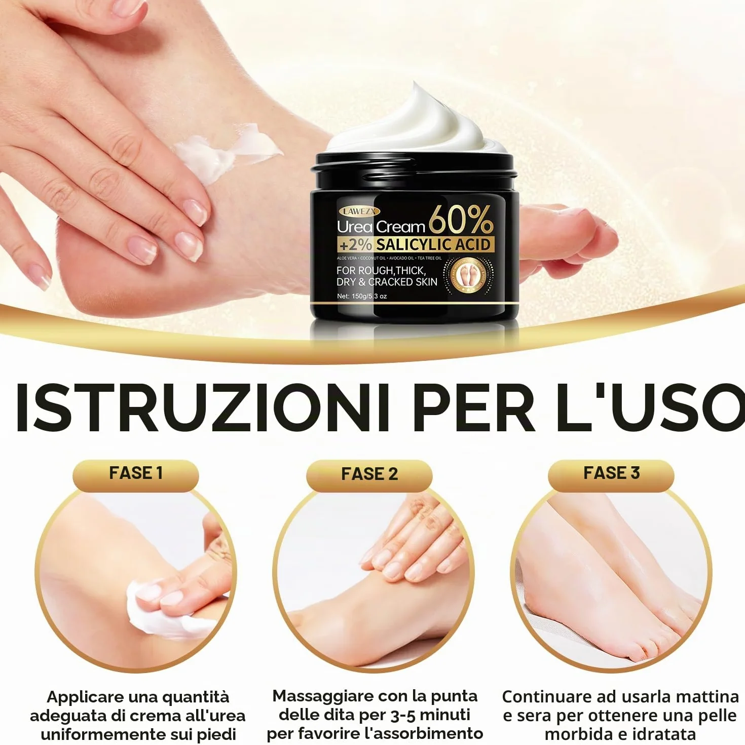 Crema Urea per Piedi e Mani, Crema Piedi Urea 60% con Acido Salicilico 2%, per Mani, Talloni, Gomiti e Ginocchia, Un'idratazione Profonda, Screpolati Rimozione e Ammorbidimento Dei Calli, 150g