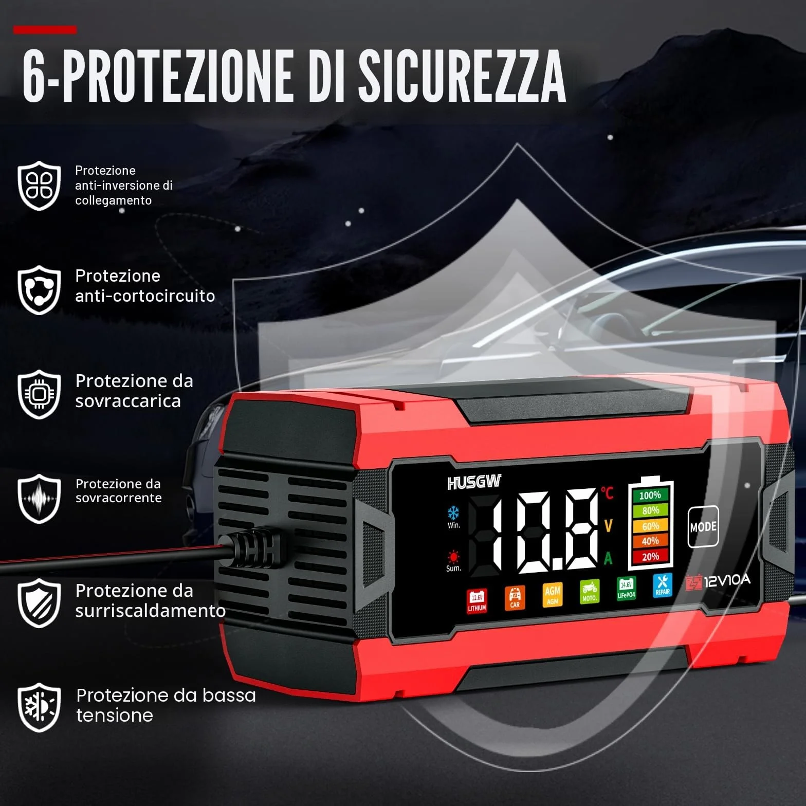 Caricabatterie LiFePO4 12V 10A per Auto Moto AGM GEL Wet SLA Rosso