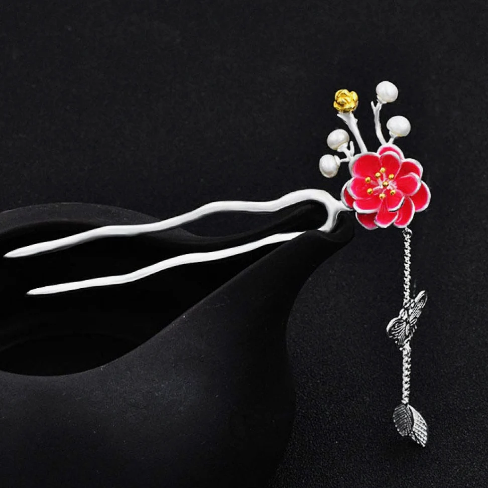 Gioielli per Capelli Cinesi, Bacchette for Capelli retrò a Forma di U in Argento 925 for Donna, 2 forcine for Capelli con Fiori di pesco, Perle Etniche, 2 Punte for Chignon.(Enamel Tassel)