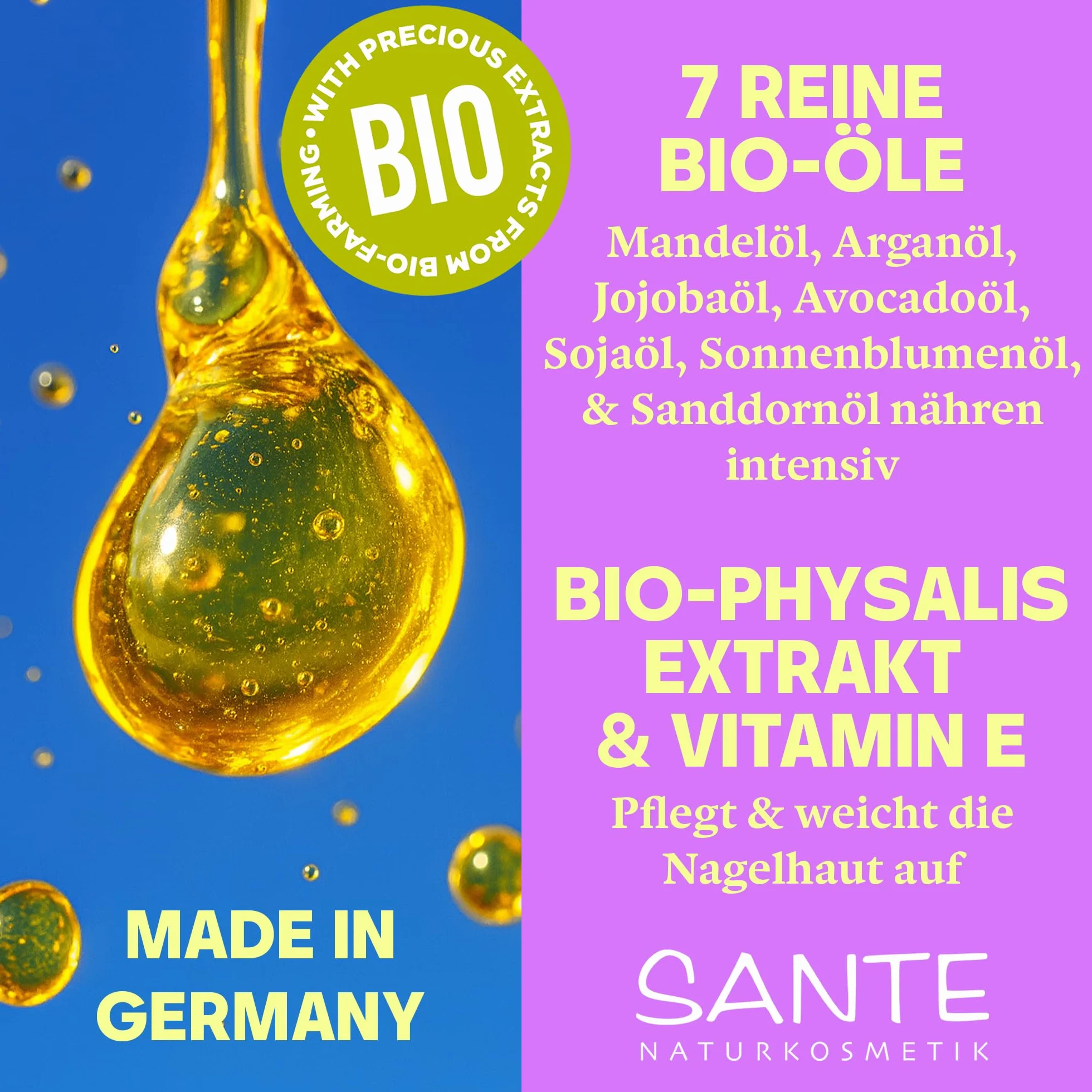 SANTE Naturkosmetik Olio per unghie e cuticole, olio per la cura delle unghie, cura per unghie e cuticole, con oli biologici e vitamina E, vegano, 15 ml