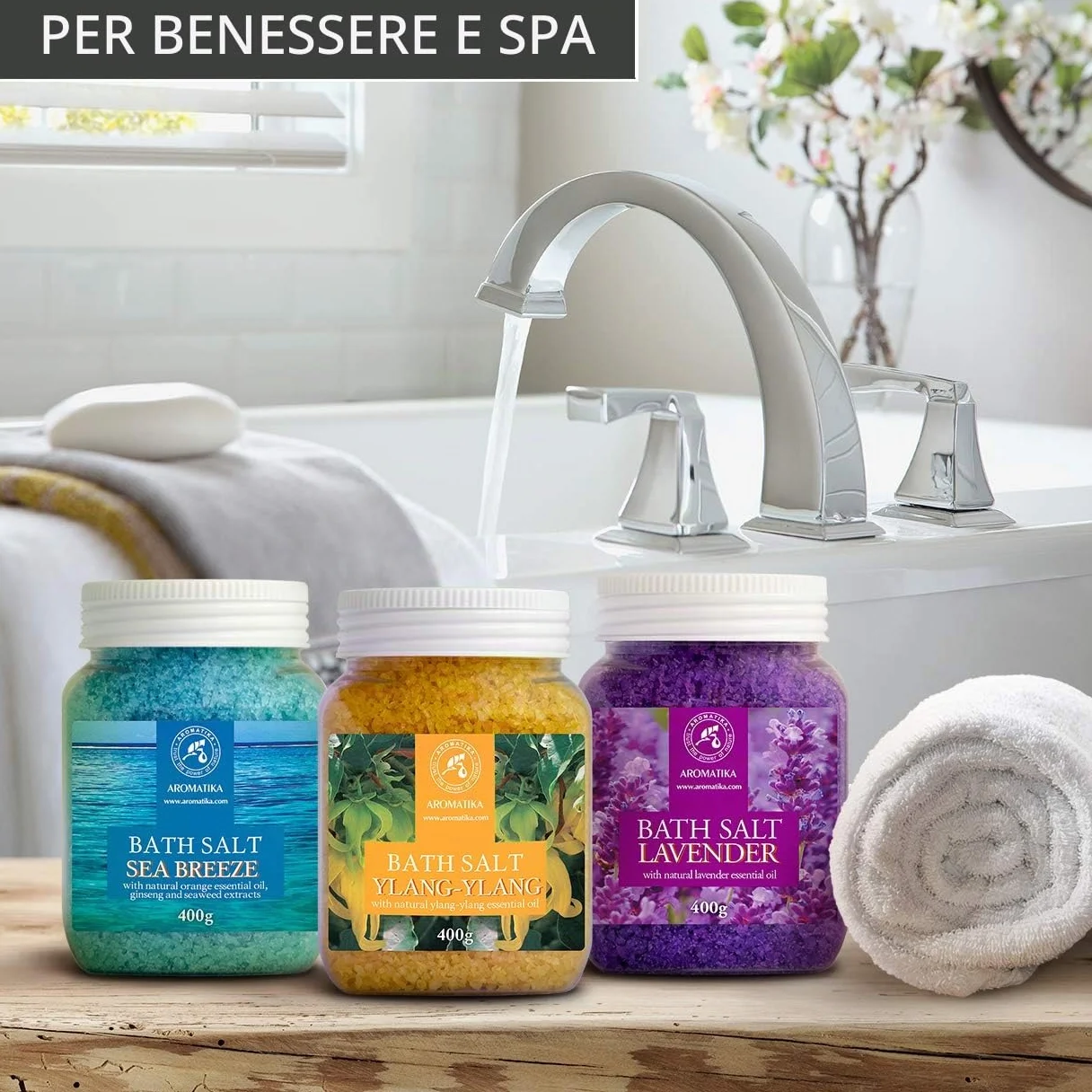Set Sali da Bagno di Lavanda - Brezza Marina - Ylang-Ylang - Naturale al 100% - Ideale per Dormire Bene - Antistress - Cura del Corpo - Benessere - Bellezza - Rilassamento - Spa