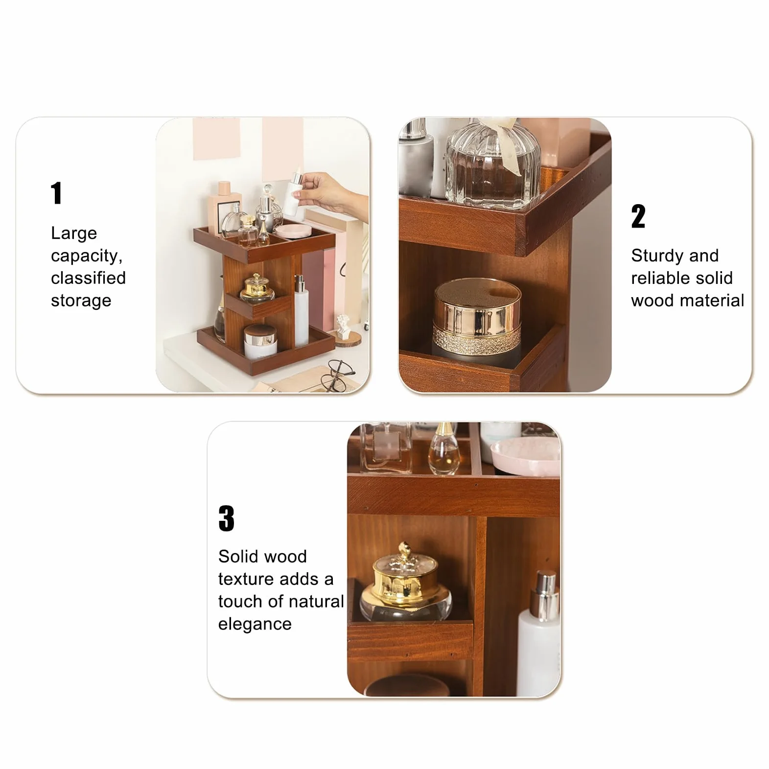 Organizer Trucco Girevole Espositore In Legno Stile Rustico | Organizer Trucco Girevole 360° Da Piano Organizzazione cosmetici, profumi e cura della pelle per bagno, camera e toeletta