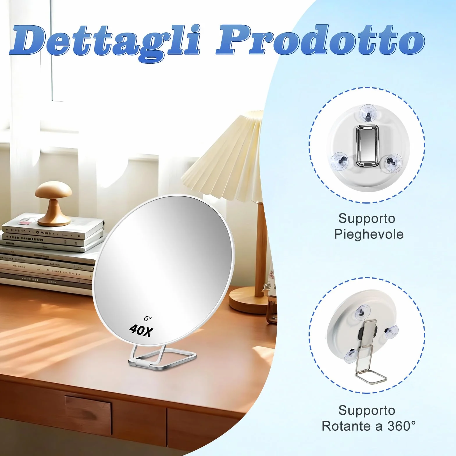Specchio Ingranditore 40X Portatile con Supporto, Pinzette e Forbici per Trucco da Viaggio