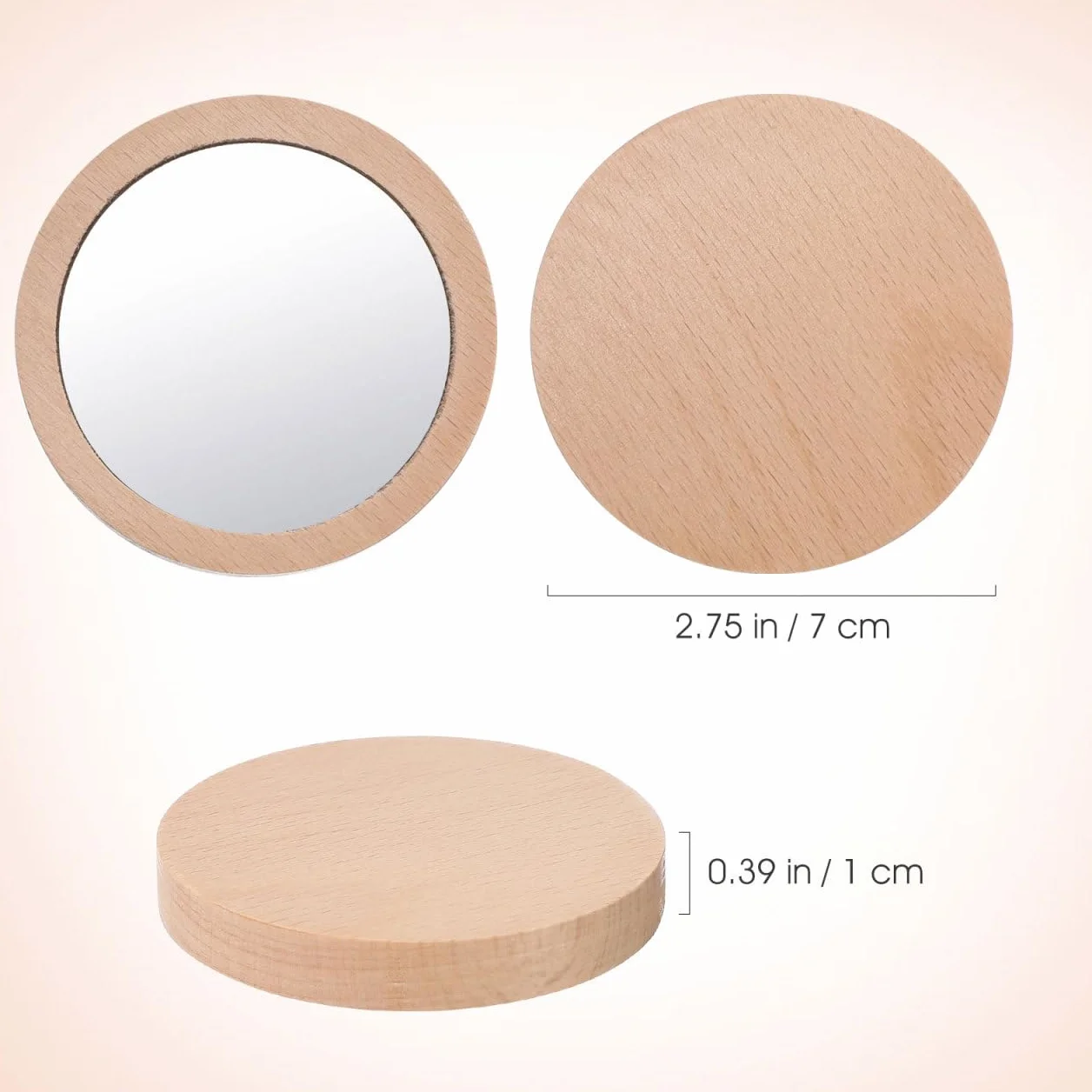 Confezione da 2 piccoli specchietti tascabili in legno, rotondi, compatti, portatili, per borsa da donna da 6 5 cm e 7 5 cm, ideale per bambini e bambini
