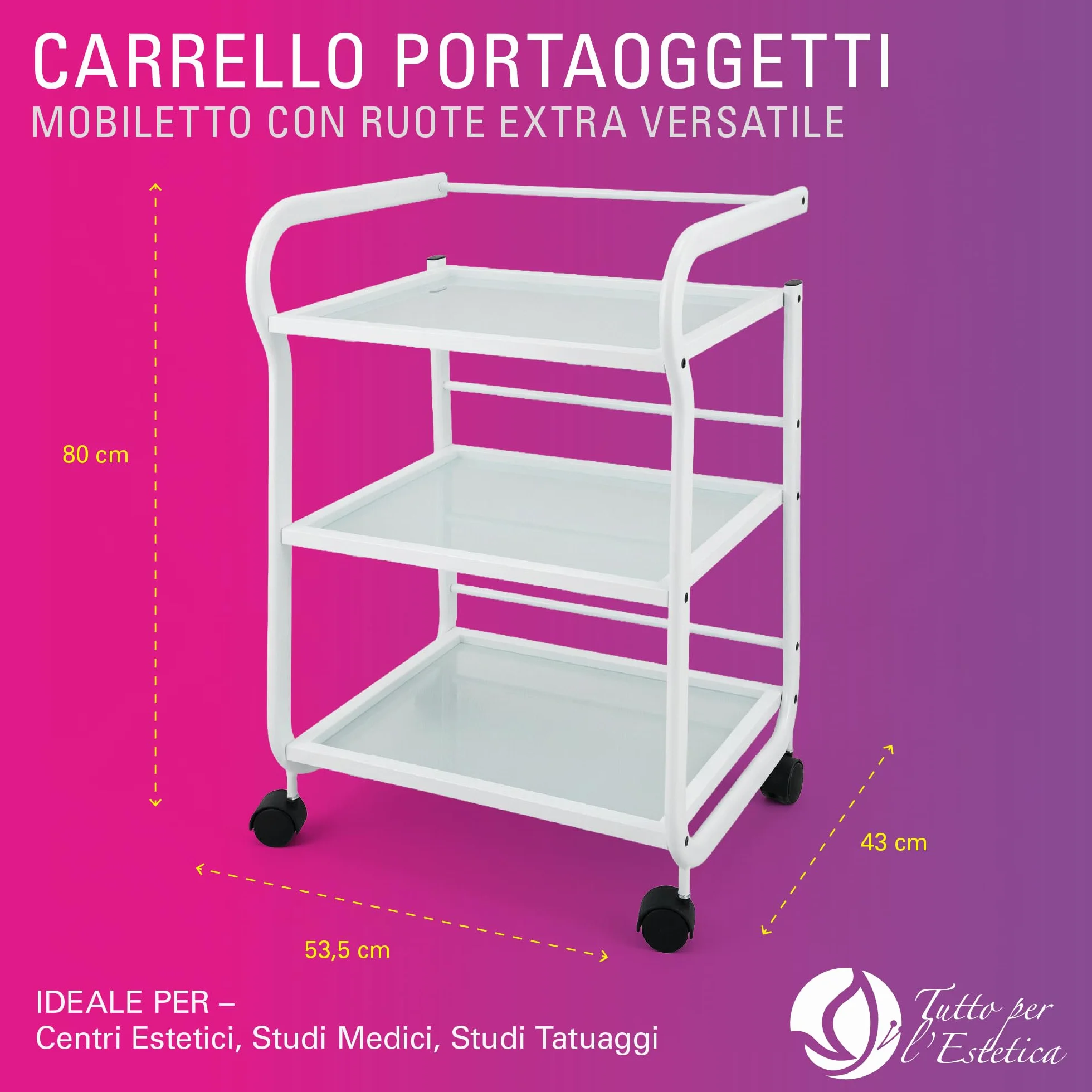 Carrello Estetista con Ruote - Mobiletto con Ruote, Leggero, Multiuso in Acciaio e 3 Ripiani in Vetro Traslucido - Carrello Portaoggetti per Estetica, Ceretta, Tattoo e Medico | Design Salvaspazio