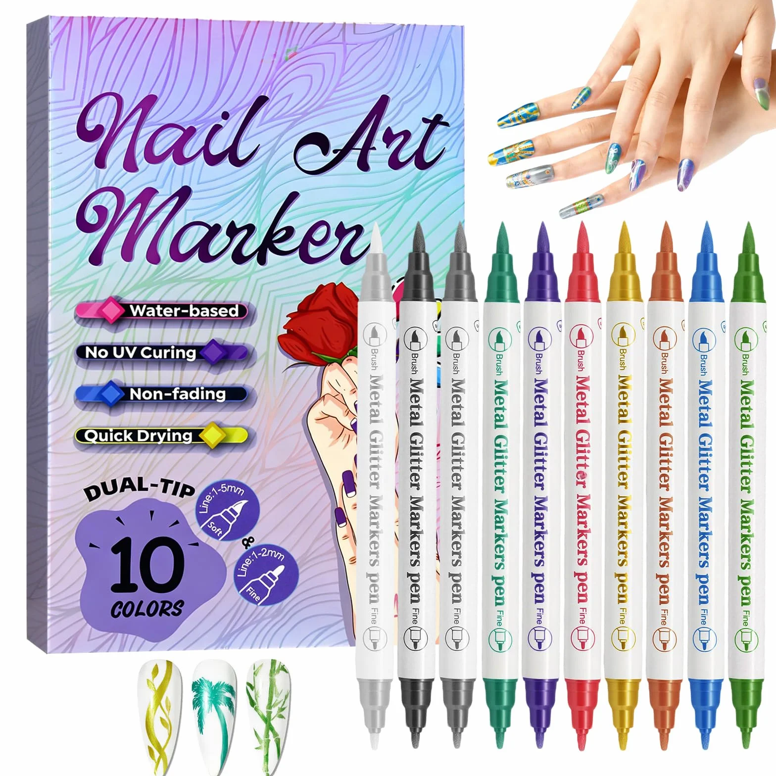 10 colori Penne Per Nail Art Punta, 3D Nail Art Pen, Adatto per il design di nail art fai-da-te, per dipingere e per l'artigianato