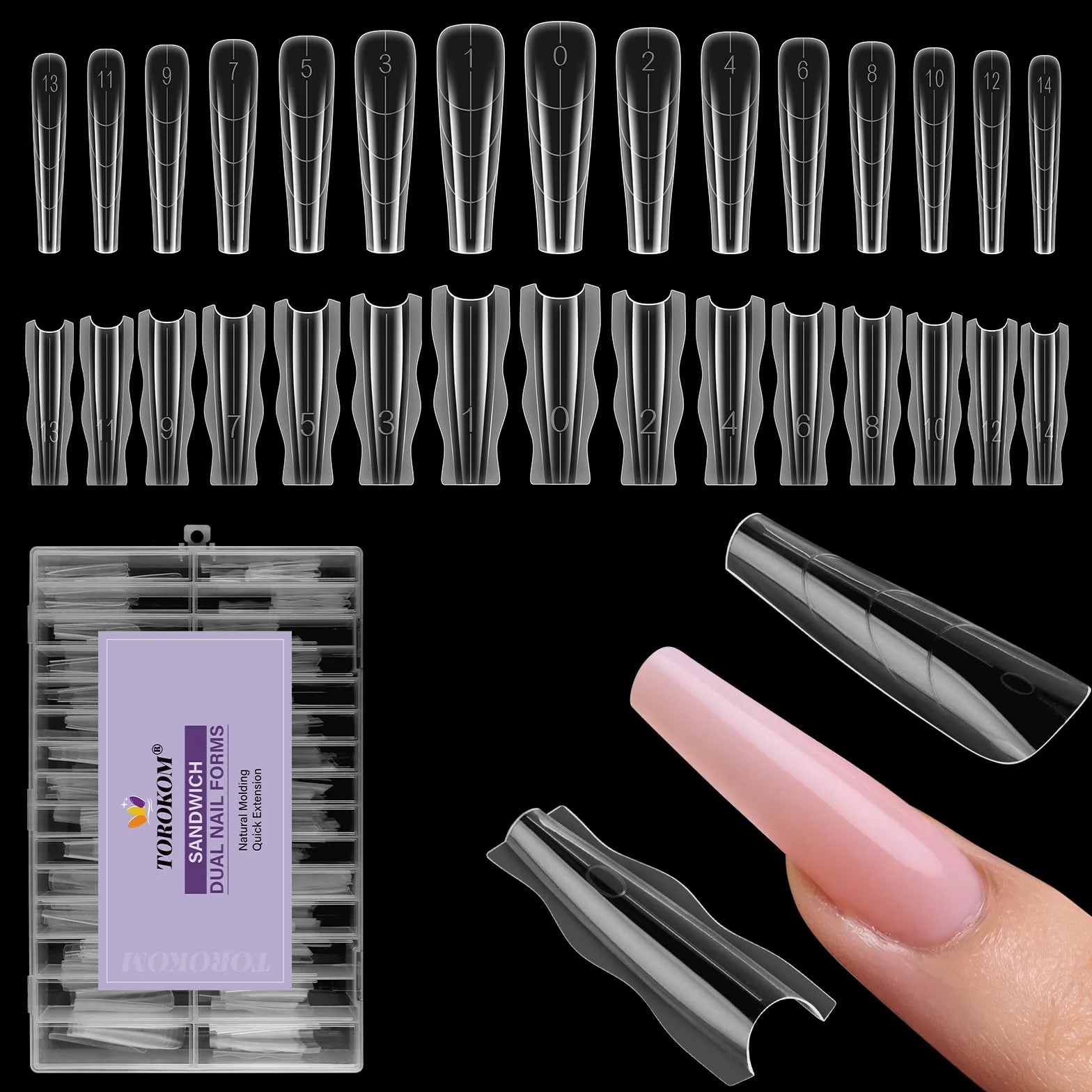 TOROKOM 240 PCS Forme Unghie Sandwich Dual, Stampi per Estensioni Rapide, Senza Forme di Carta, 15 Misure Riutilizzabili in Plastica per Builder Gel & Polygel (Trapezi)