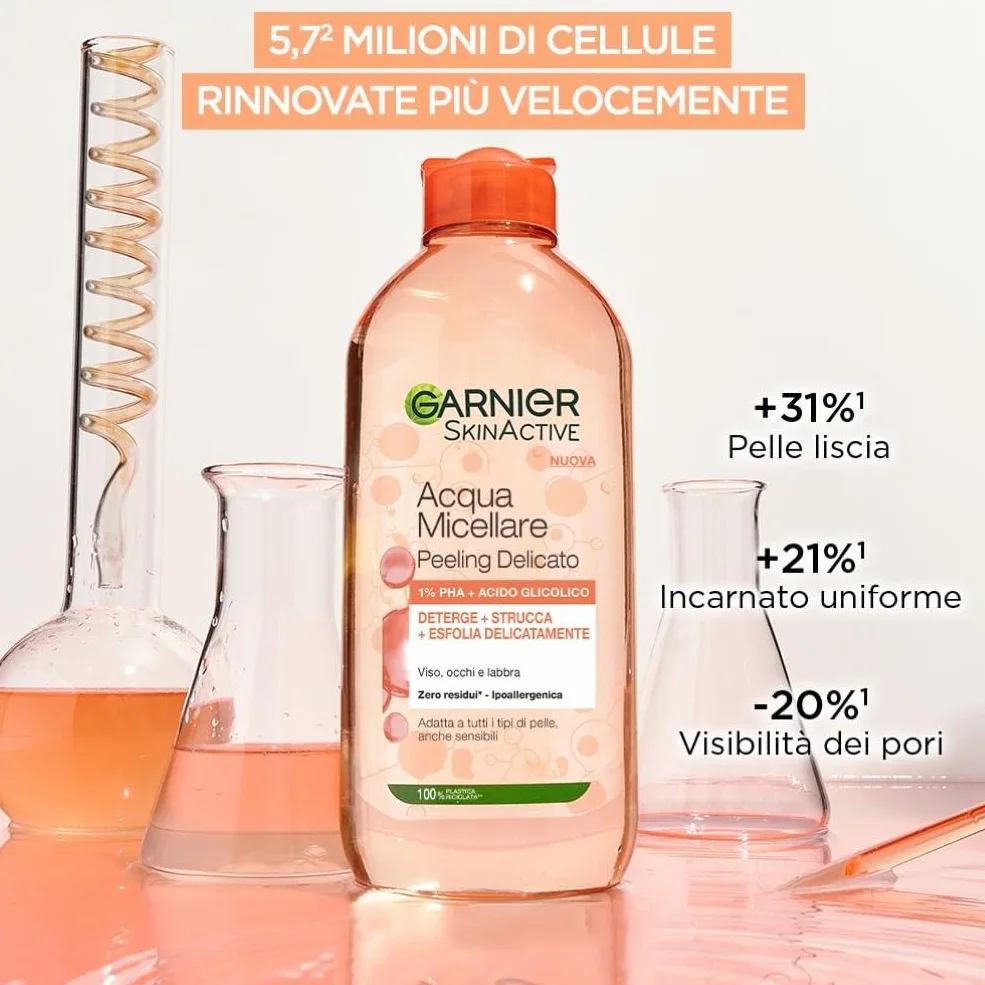 Garnier SkinActive Acqua Micellare Tutto-in-1, Peeling Delicato, Esfoliante, Per Tutti i Tipi di Pelle, Senza Risciacquo, Formula Vegana e Ipoallergenica, 400 ml